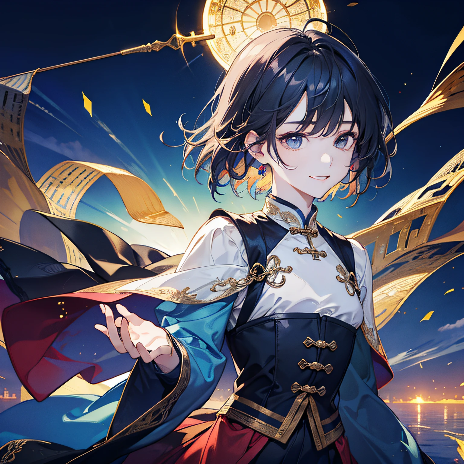 in 8K、top-quality、masterpiece:1.2)、1人の女性、(Smiling smile:1.1)、beautidful eyes、Valley、The upper part of the body、shorth hair、Like a boy 、Quirk hair