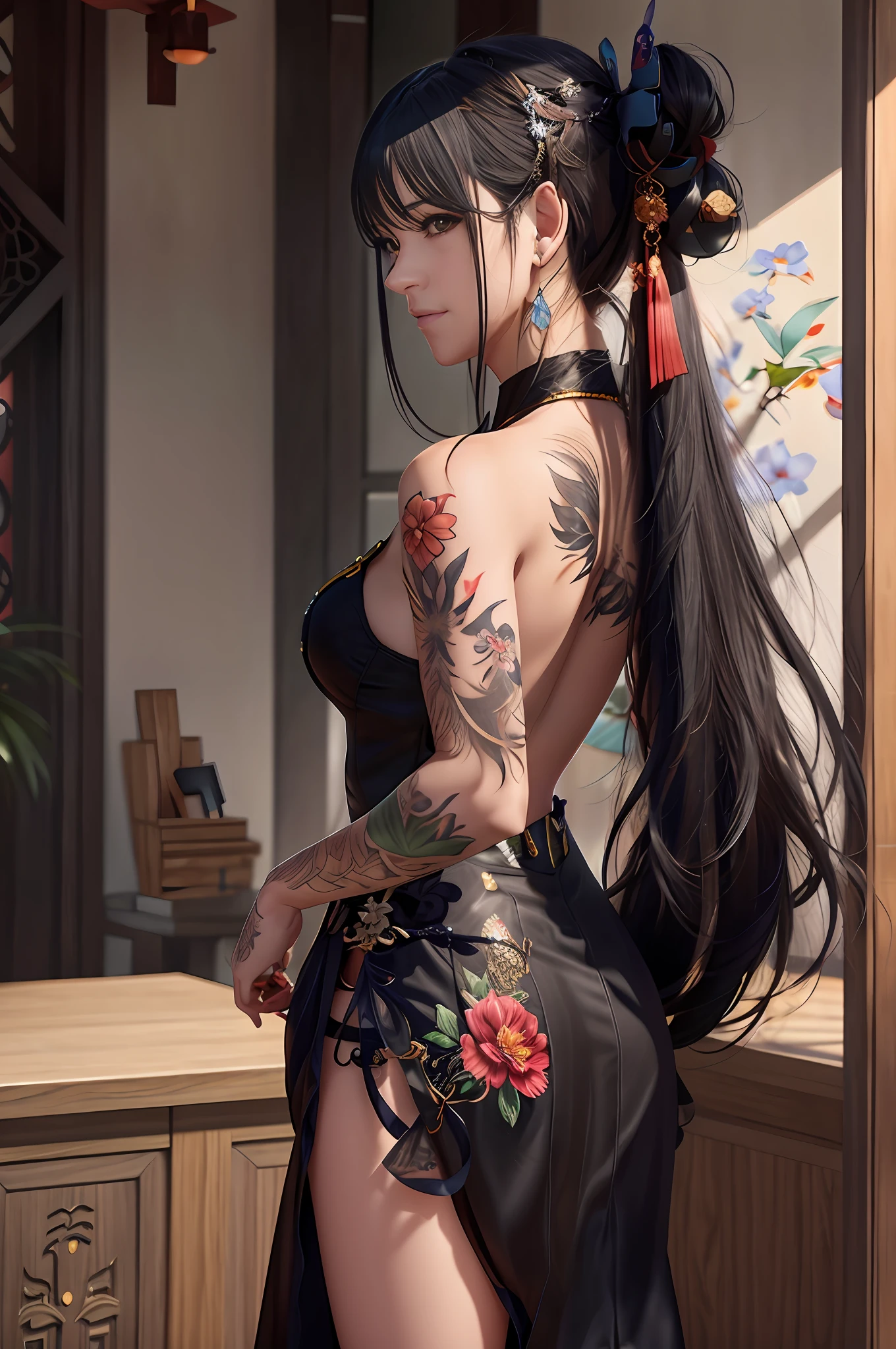 There is a woman with a tattoo on her arm and a dress, Retrato sedutor de Tifa Lockhart, Trend in CGTacing:, Tifa Lockhart, por Yang J, Tifa, cabelo preto longo detalhado, Tifa Lockheart glamourosa, de menina taiwanesa com tatuagens, personagem de anime; arte de corpo inteiro, mulher bonita sedutora do anime, 🌺 CGSetnation, bela arte digital