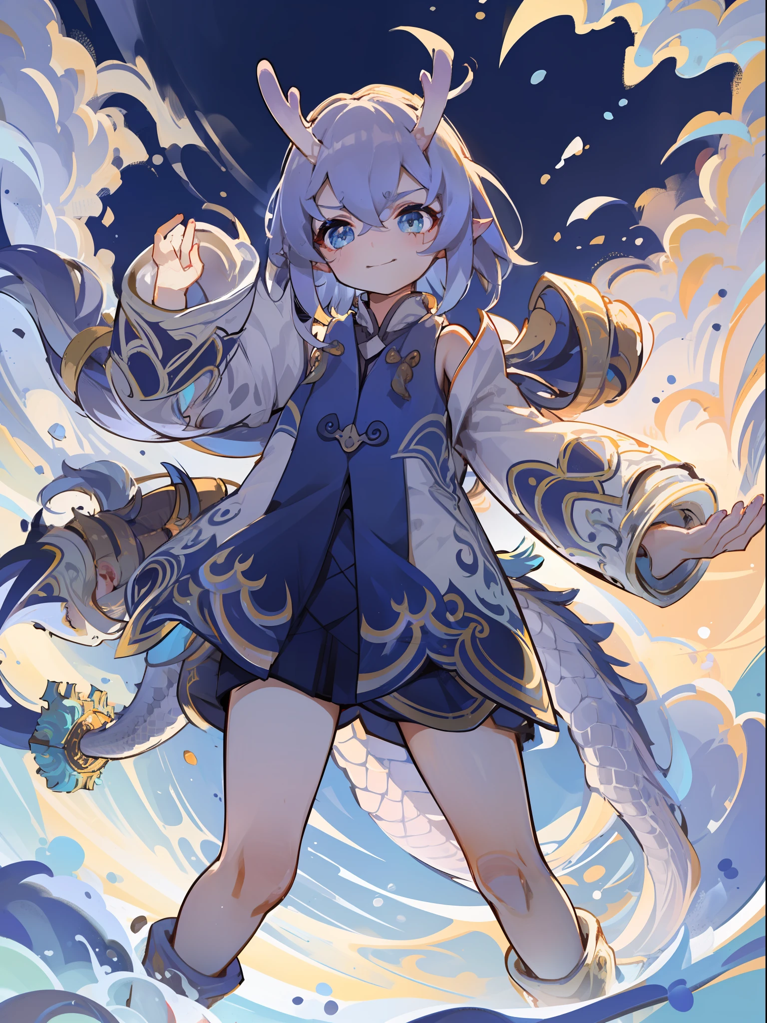 (Best Picture Quality:1.3),(tmasterpiece:1.3),(illustratio:1.3),(ultra - detailed:1.3),(imid shot:0.9), 1girl, solo, Very young, The upper part of the body, Short neck, smallunderboob,child(Soak in the stream:1.2),Dragon tail,,ahoge,eBlue eyes,Gemstone Eye,Very fine eyes,Very thin face,Keep one's mouth shut,Light smile,Eau,The fish,Mare,banya,Huafu,East Dragon,Chinese style clothes