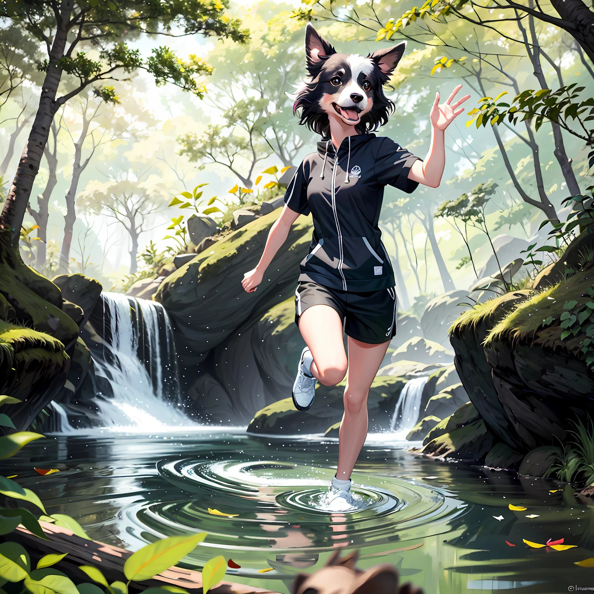 A cute border collie runs through the woods of the stream