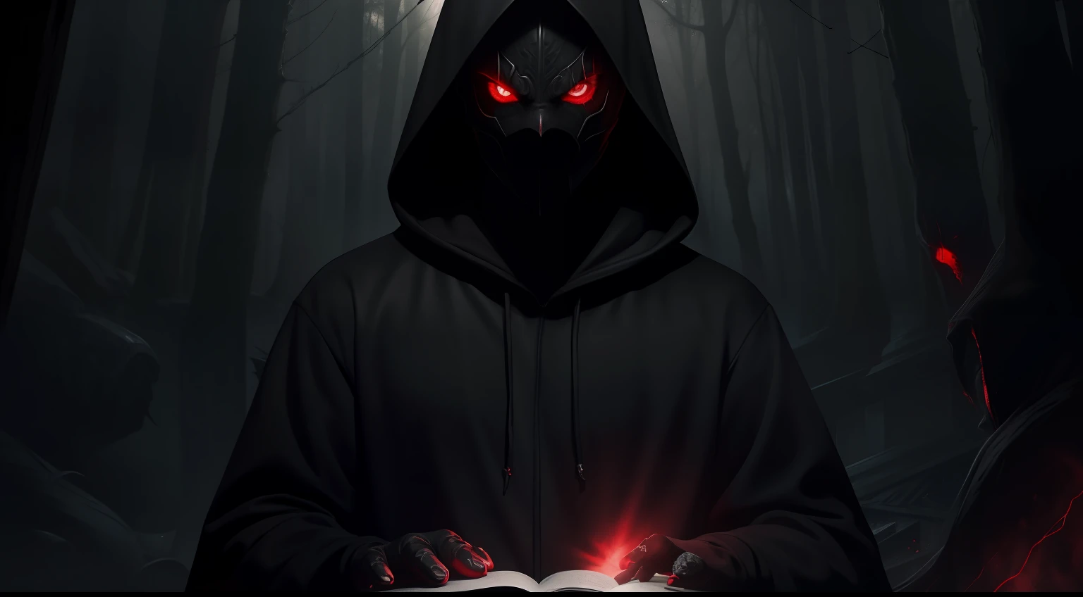 1 man（Black hoodie，Black hood，Black scaled demon monster，Pull down the hood with both hands，Scarlet eyes are revealed，Solid pupils，Eerie red light，Black robes，Hideous skin），Fairy tale picture book，Grimm's fairy tales，Picture，Story Collection