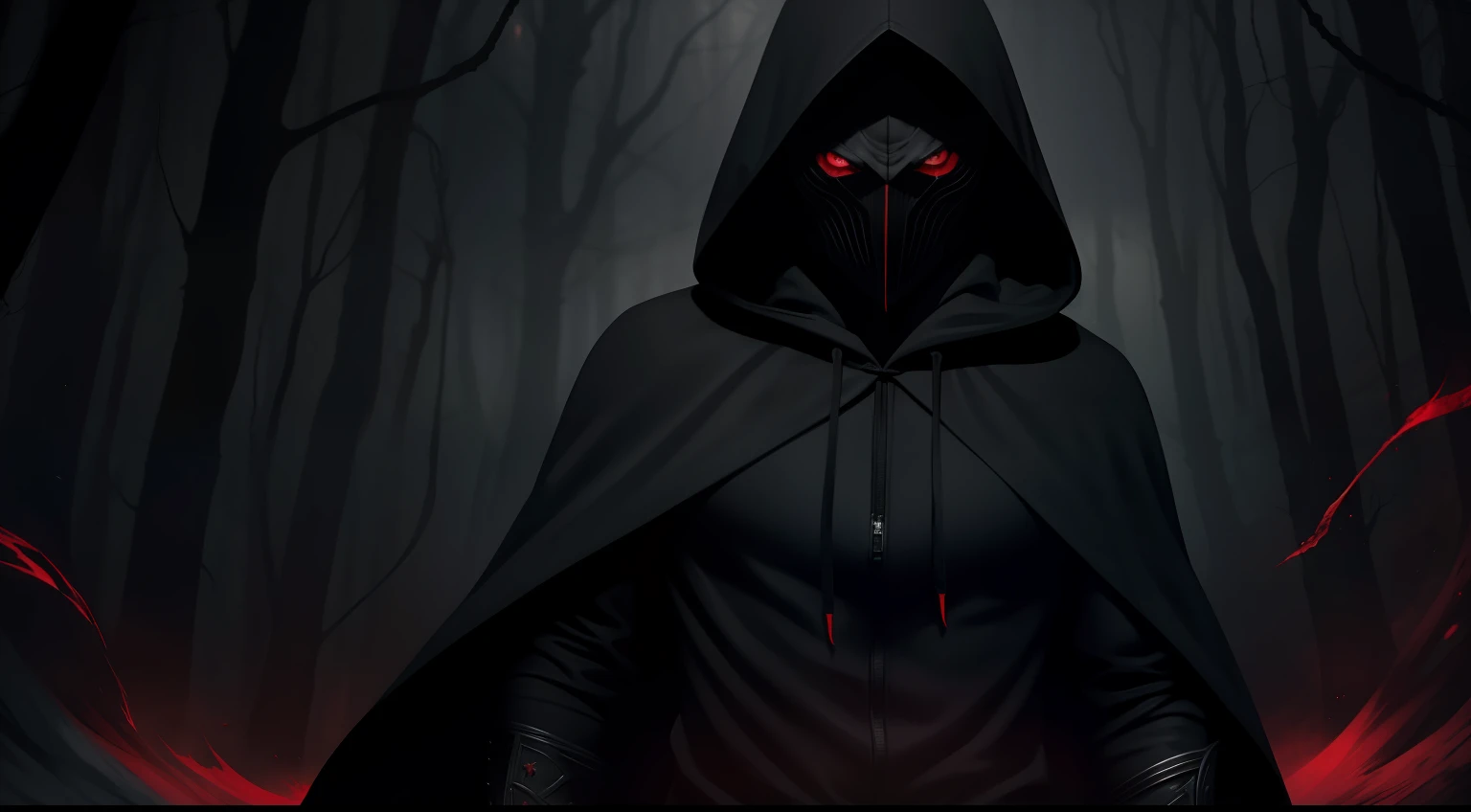 1 man(Black hoodie,Black hood,Black scaled demon monster,Pull down the hood with both hands,Scarlet eyes are revealed,Solid pupils,Eerie red light,Black robes,Hideous skin),Fairy tale picture book,Grimm's fairy tales,Picture,Story Collection