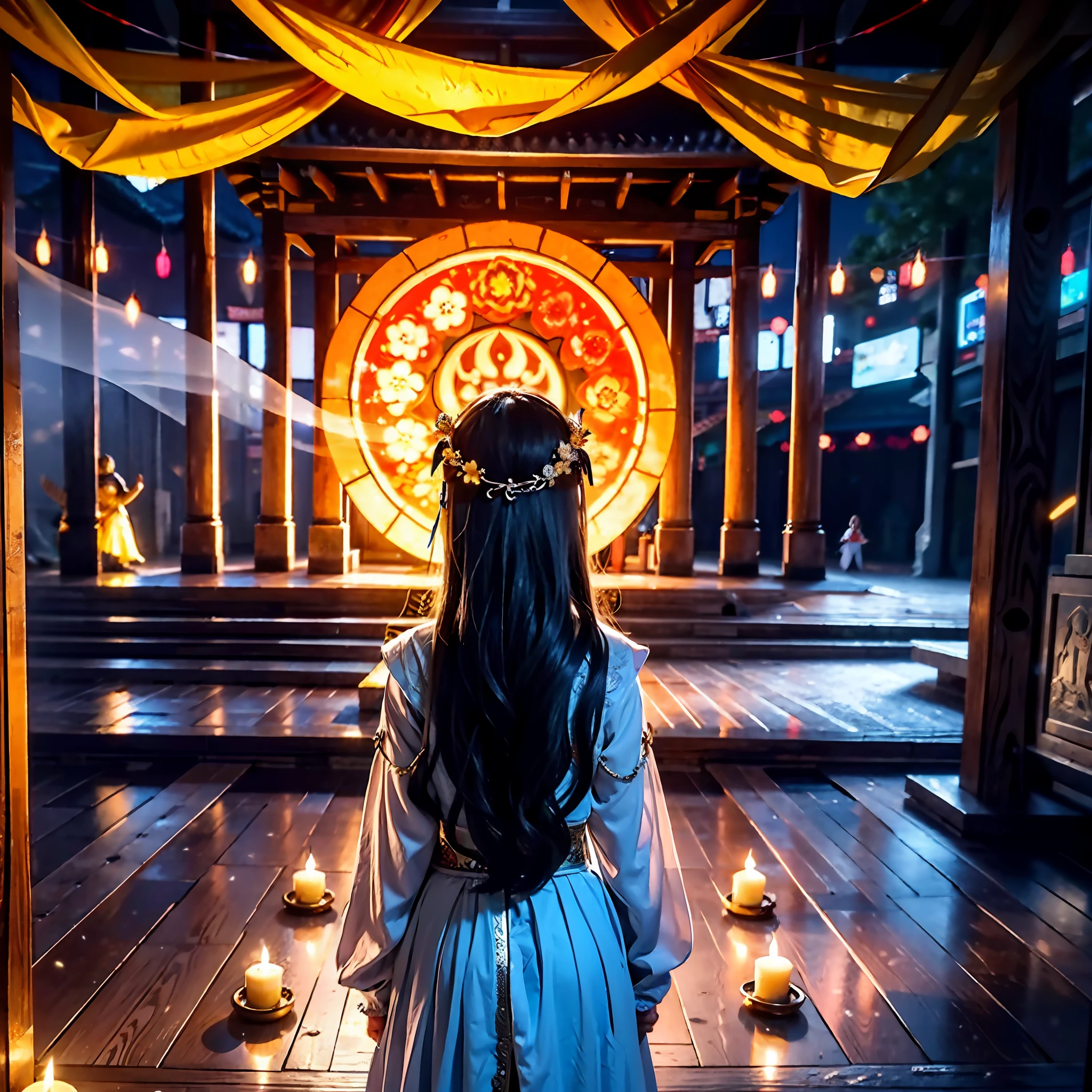 A mysterious ancient ritual is taking place, The place where the Yellow Flower Maiden was sacrificed. People danced around her,Light a torch, Create an atmosphere of mystery and darkness. The dim light emits a faint glow, Make the scene more eerie and creepy. This traditional ritual is infused with ancient culture and beliefs, When people pray for God's blessings. The camera captures the different angles and details of the ceremony, Showcasing the charm and mystery of ancient culture.