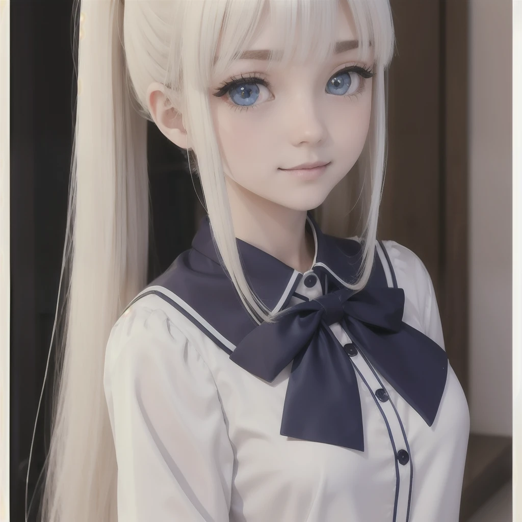 portlate、School Uniforms、bright expression、poneyTail、Young shiny shiny white shiny skin、Best Looks、Platinum blonde hair with dazzling highlights、shiny light hair,、Super long silky straight hair、Beautiful bangs that shine、Double eyelids、eye liner、Crystal clear big blue eyes that shine attractively、a small face、Very beautiful nice cute 16 year old Nordic girl、Lush bust