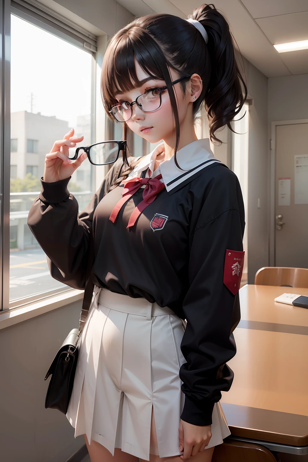 female high-school student，校服，High ponytail，eye glass