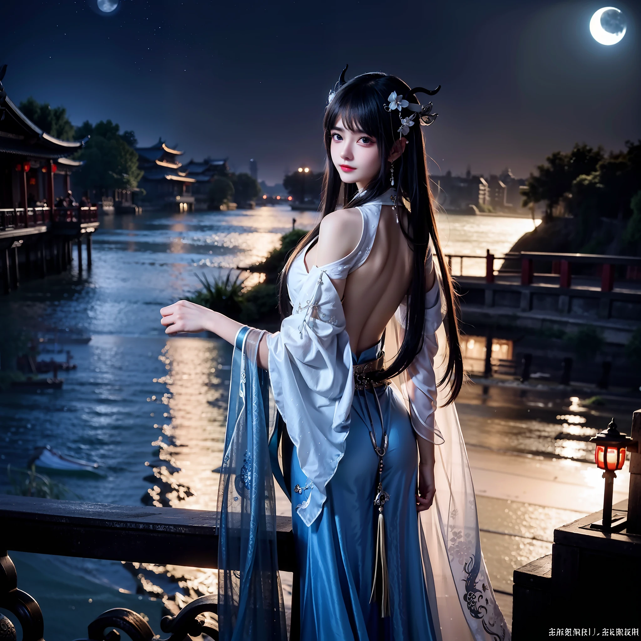 beautiful Girl,Bare back,back Lighting,Chinese dragon tattoo,silver bracelet,Long hair shawl,River side,the night,Moon,Big eyes close-up,