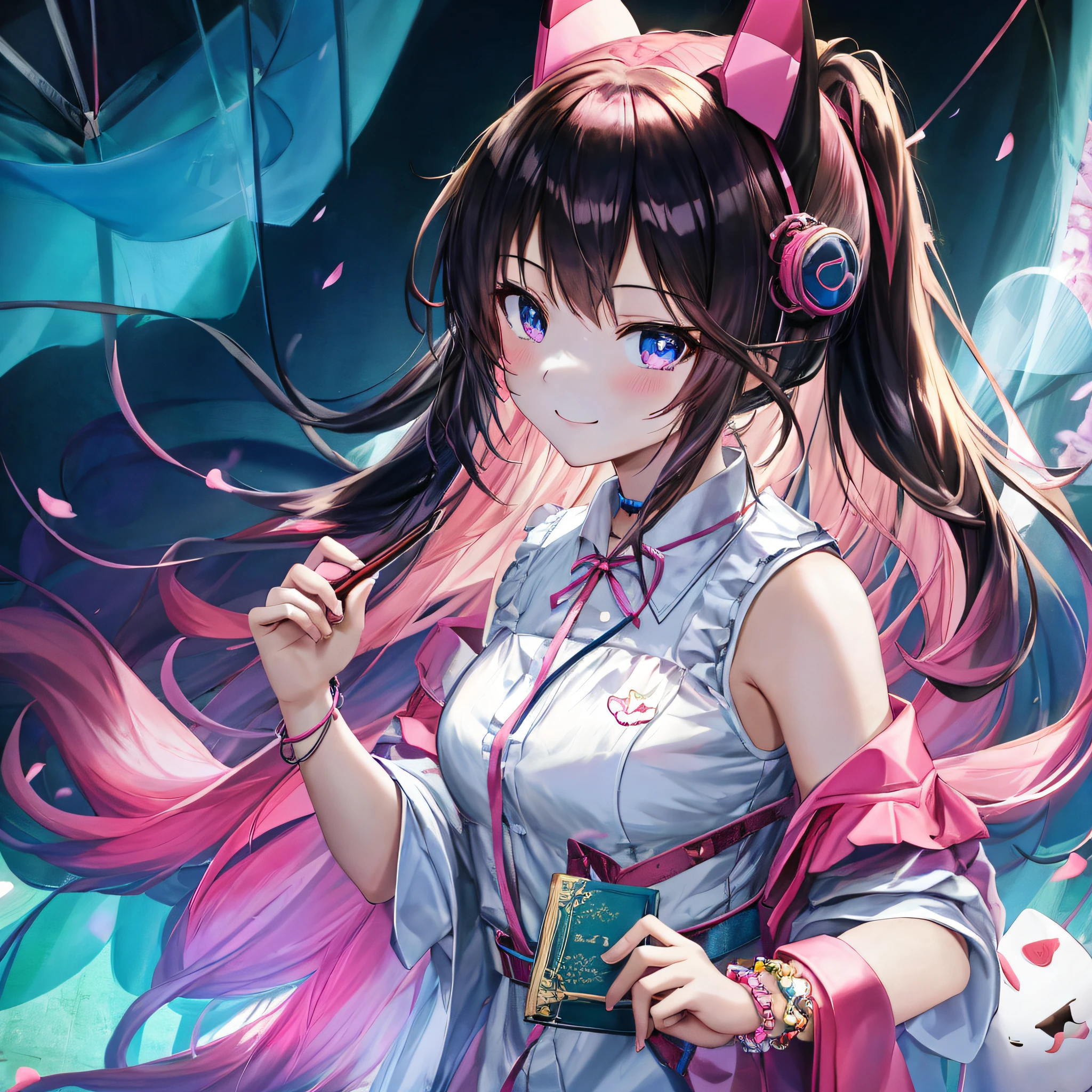 anime girl with long hair and a pink dress holding a knife, style of anime4 K, Anime art wallpaper 8 K, Best anime 4k konachan wallpaper, Kawasi, Anime art wallpaper 4k, Anime art wallpaper 4 K, In the classroom,A beautiful girl high school,Bright colored curls,Large, bright round eyes,Clear blue eyes,Pink cheeks and flushing,White dress in minimalist style,Blue butterfly knot belt,Pink straw hat and blue ribbon,Pink leather shoes and cartoon animal motif,Holding a book in his hand,Smart and curious eyes,Elegant posture and confident smile sweet、Lovely and youthful atmosphere,Wearing a cute bracelet,pendant,choker necklace,head gear。Wear over-the-knee socks,Leg socks,athletic sneakers。Falling debris and paper。masterpiece, best quality, hd, 8k, highres, super resolution,