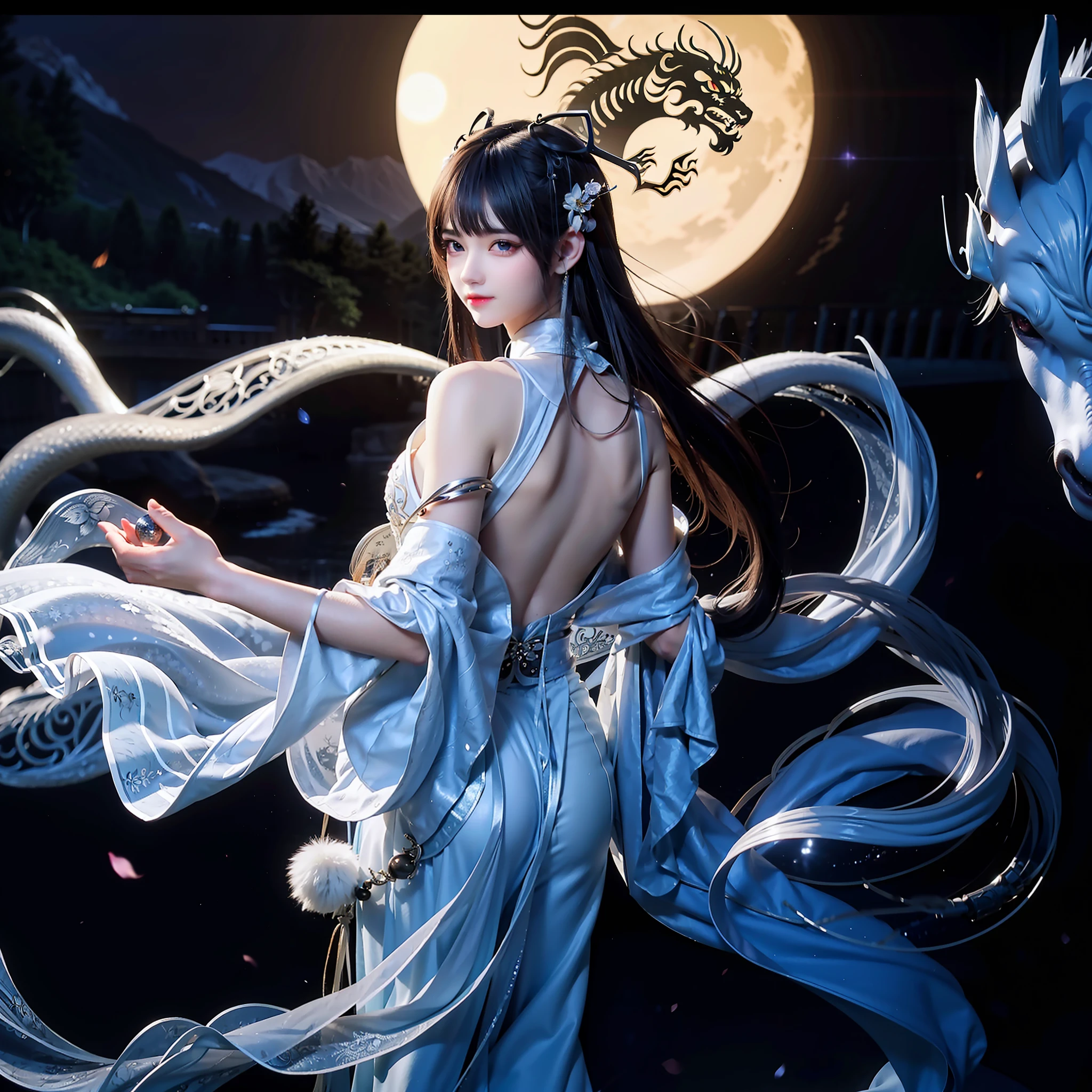beautiful Girl,Bare back,back Lighting,Chinese dragon tattoo,silver bracelet,Long hair shawl,River side,the night,Moon,Big eyes close-up,