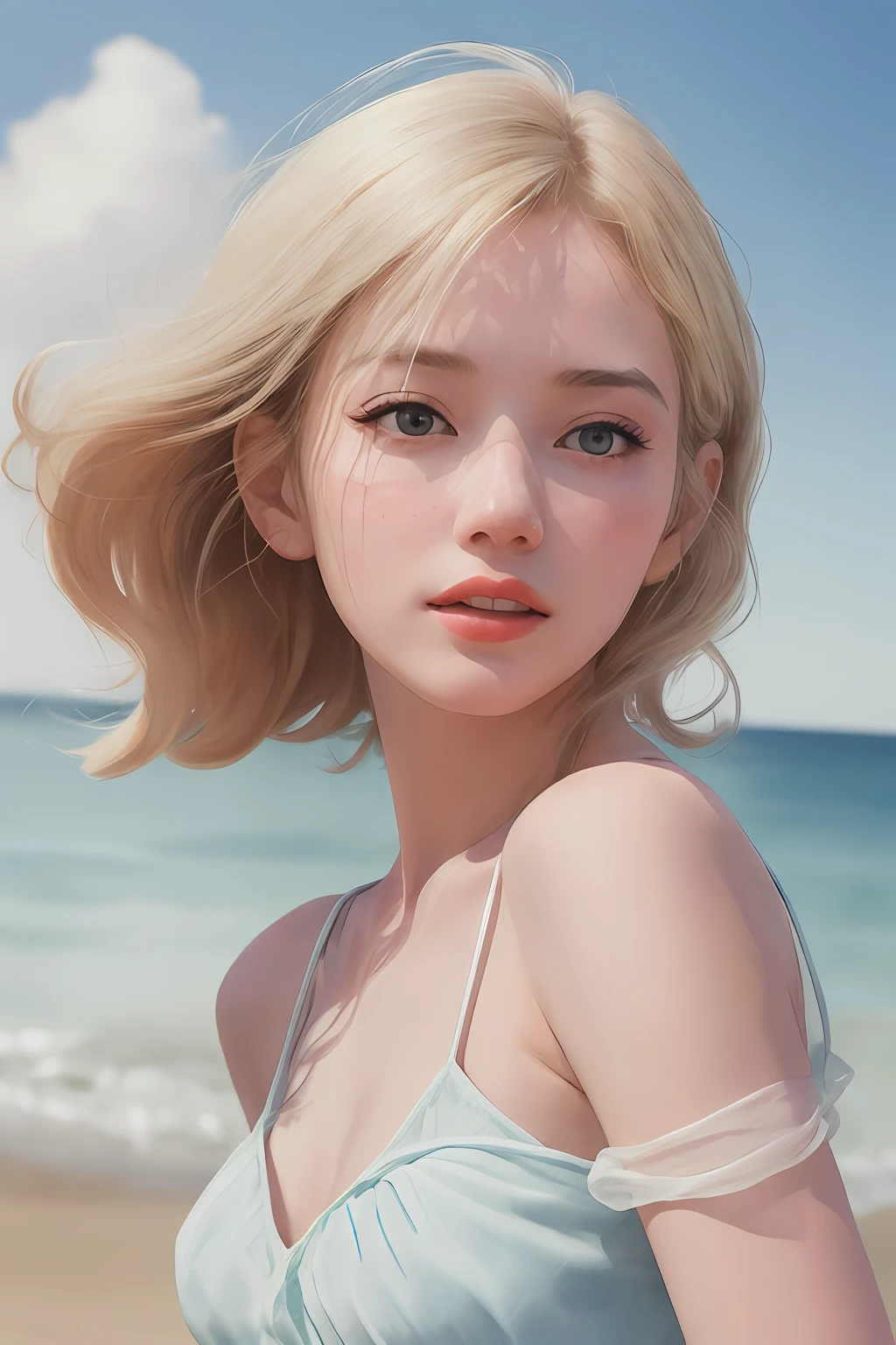 (masterpiece, realistic:1.4), (extremely intricate:1.2)>, close shot ,Marilyn Monroe portrait,(upper body:1.2), (( Detail in Face)), (( detail eyes)), (from front:1.3), 1970's dress, backless dress, (long dress:1.2), very long hair, breasts, bare shoulders, sky, ocean, water, looking at viewer, italian, head tilt, wind, cloud, sunlight, outdoor, 1girl, solo, BREAK, cinematic light, ultra high res, 8k uhd, film grain, perfect anatomy, exquisitely detailed skin, best shadow, delicate, RAW,highres,