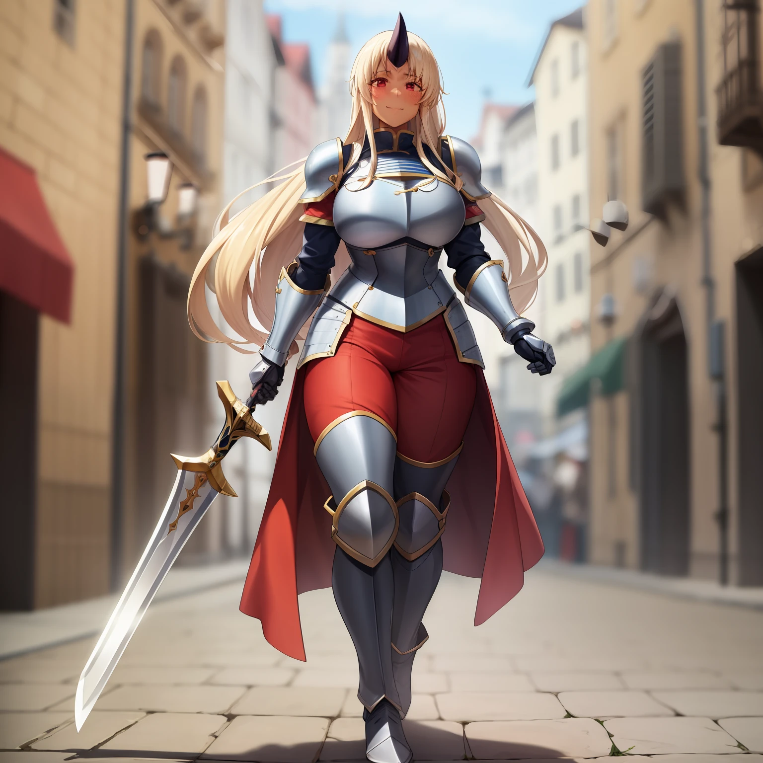 Sharp focus, 1girl, single horn, solo,blonde hair, very long hair, soles,( dark-skinned female:1.1), blush, smile, full body, large breasts, (red eyes:1.1),best quality, 4k, ((masterpiece)), extremely detailed, 8k, trending on ArtStation, walking, female knight, fantasy, full body armor, space marines armor, pants, holding sword, boots,, medieval village