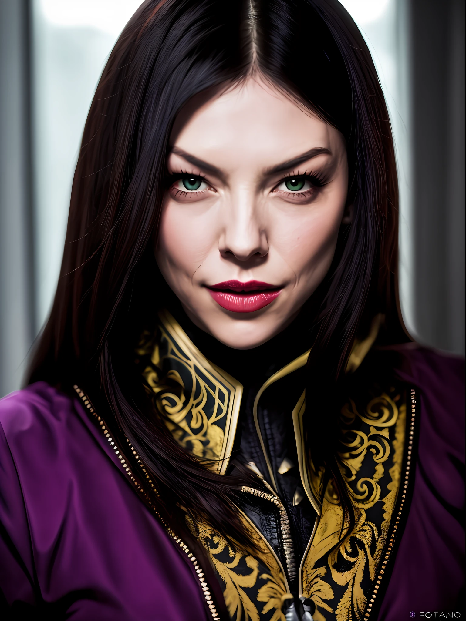 ((Mileena inspirada por Mortal Kombat 2)), (inspirada em Laura Prepon:1.2), (traje roxo:1.2), in a fighting scenario with horror movie background, Auto retrato de rosto frontal, posing for camera,, foco nítido, soft-lighting, melhor qualidade, 8k UHD, DSLR, grain of film, (fotorrealista:1.2)