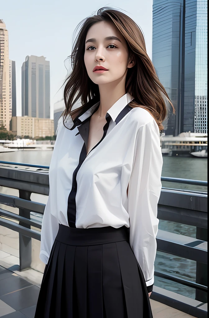 (Best quality, High resolution, Masterpiece :1.3), A tall and pretty woman, Slender abs, Dark brown hair styled in loose waves, Breasts, White button up shirt, Black pleated skirt, (Modern architecture in background), Details exquisitely rendered in the face and skin texture, Detailed eyes, Double eyelid
