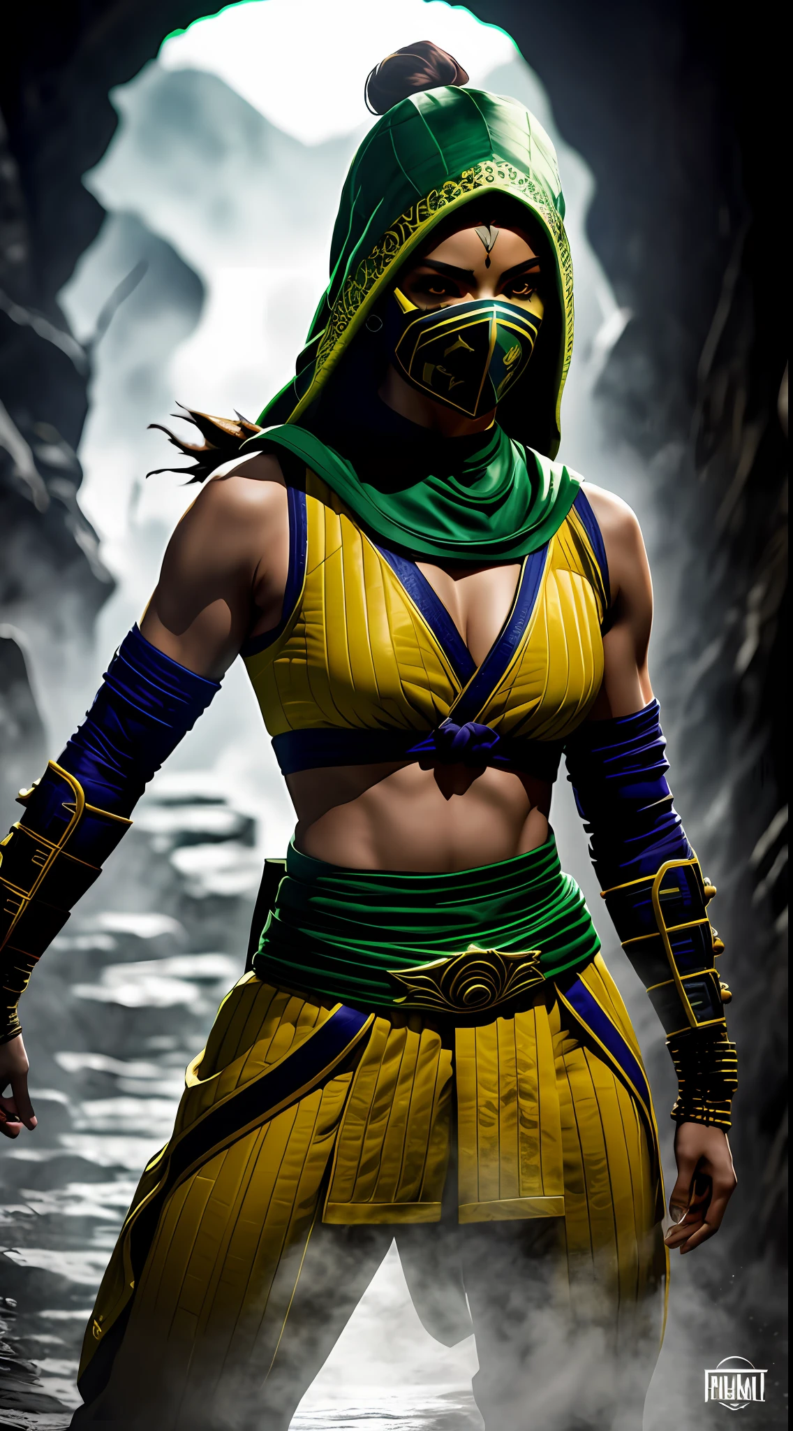 ((Jade inspirada em Mortal Kombat 2)), (inspirada em Tati Gabrielle:1.2), in a fighting scenario with horror movie background, foto de corpo inteiro, posing for camera, foco nítido, soft-lighting, melhor qualidade, 8k UHD, DSLR, grain of film, (fotorrealista:1.2)