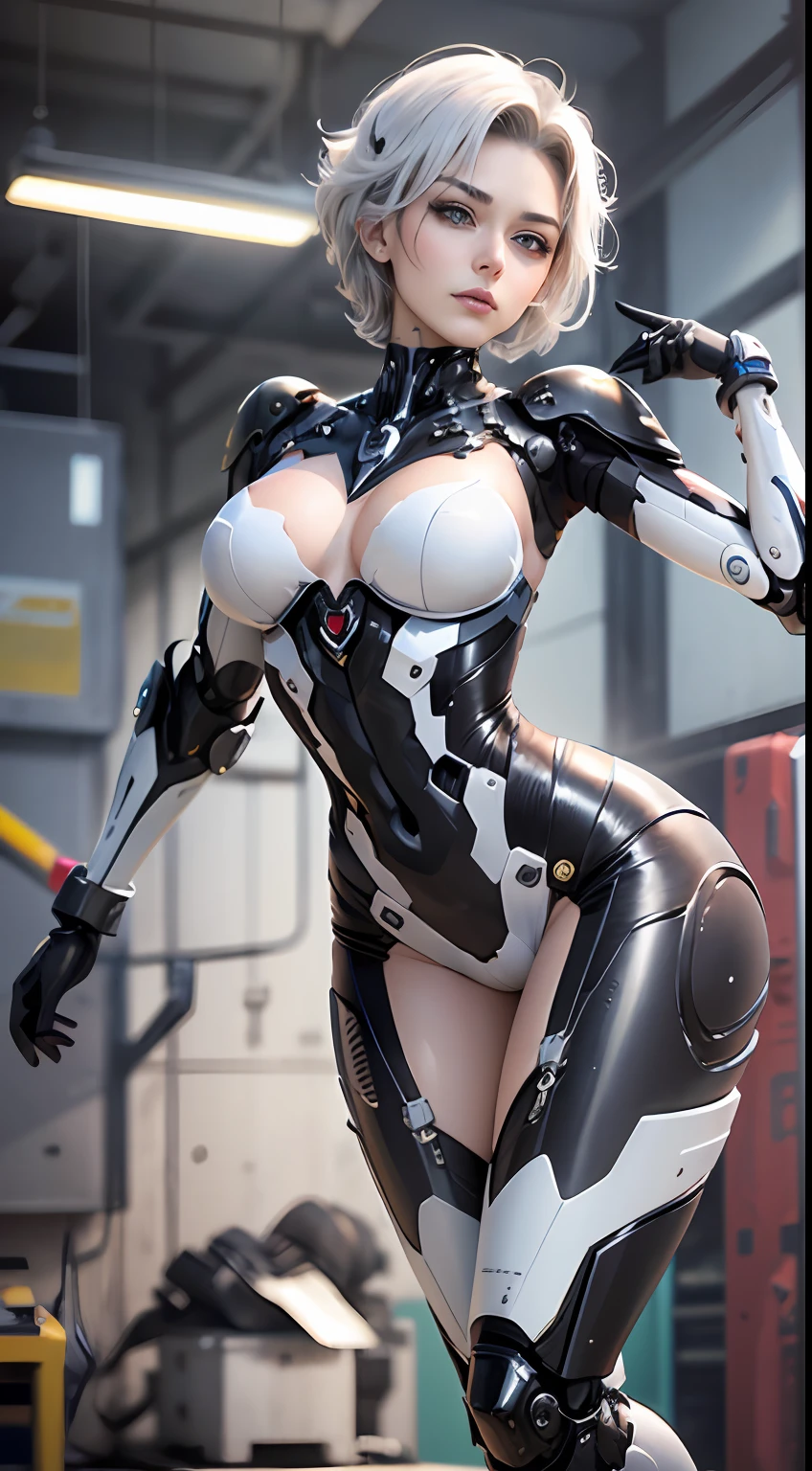 (8k, masterpiece, best quality), super detail, beautiful fine eyes with beautiful details, exquisite and detailed face, high quality, high resolution, beautiful hairstyle, realistic eyes, beautiful detailed eyes, (realistic skin), facing the audience, robot girl in sexy costume, wearing revealing, super large breasts, upper breasts are not covered, white transparent tights, mecha, mechanical room, single, expression indifference, white men's short hair hairstyle, mechanical prosthesis, mechanical legs, mechanical transformation of limbs, mechanical body, High stiletto heeled boots, standing, sexy, Unreal 5, Full-Shot Angle