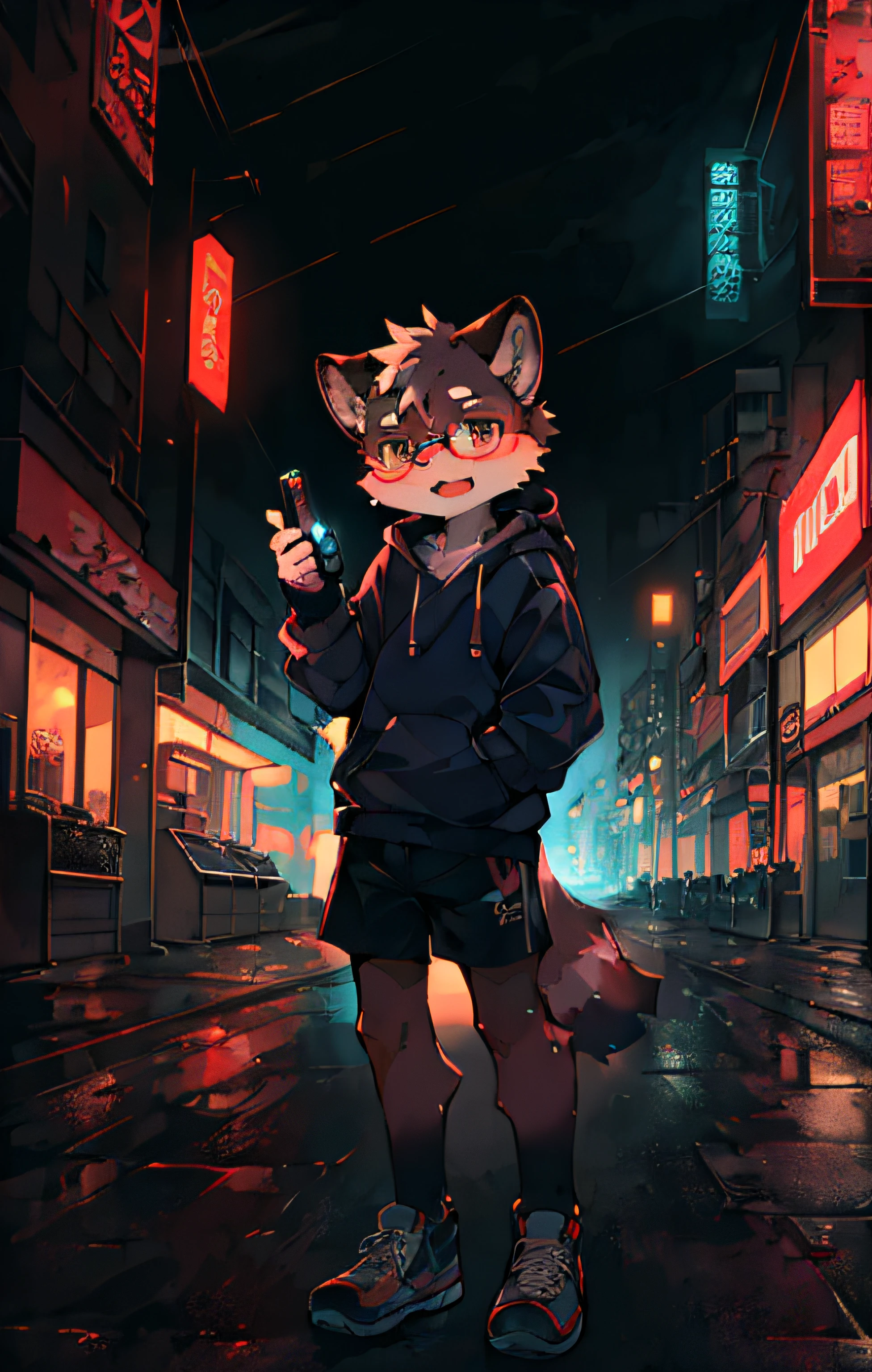 kemono, 1boy, raccoon, brown fur, glasses, solo, half gloves, sneakers, shorts, hoodie, streets, city streets, night time, city lights, cyberpunk atmosphere, technology, futuristic environment, rain, playful expression, detailed background, beautiful lights, cars, road