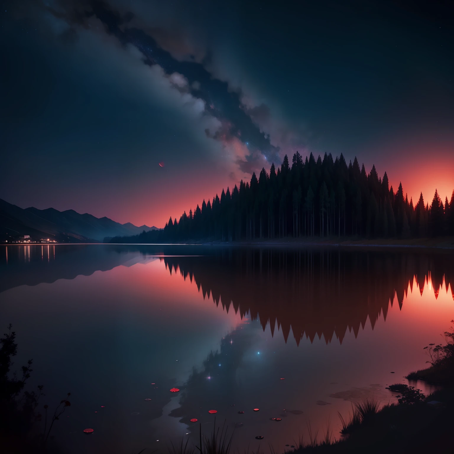Starry sky at night blood moon lake