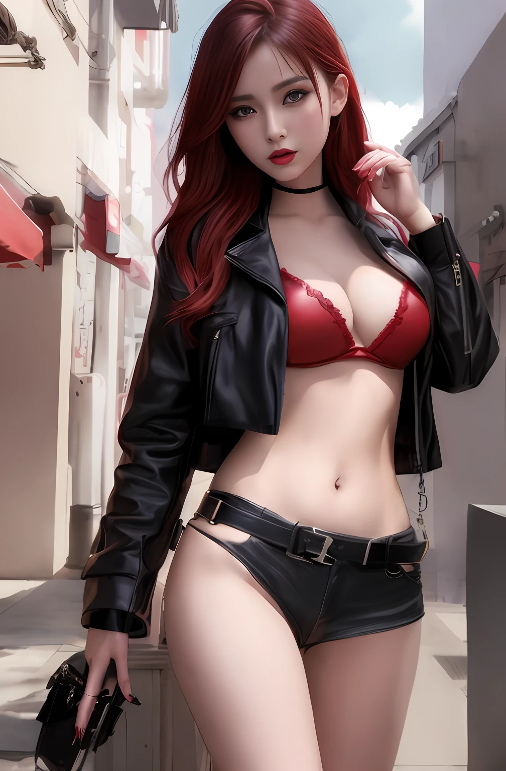 Style woman in red bra top and black leather jacket, Seductive Girl, girl with, teens girl, artwork in the style of guweiz, photorealistic girl render, beautiful alluring female, Red underwear、garterbelts、