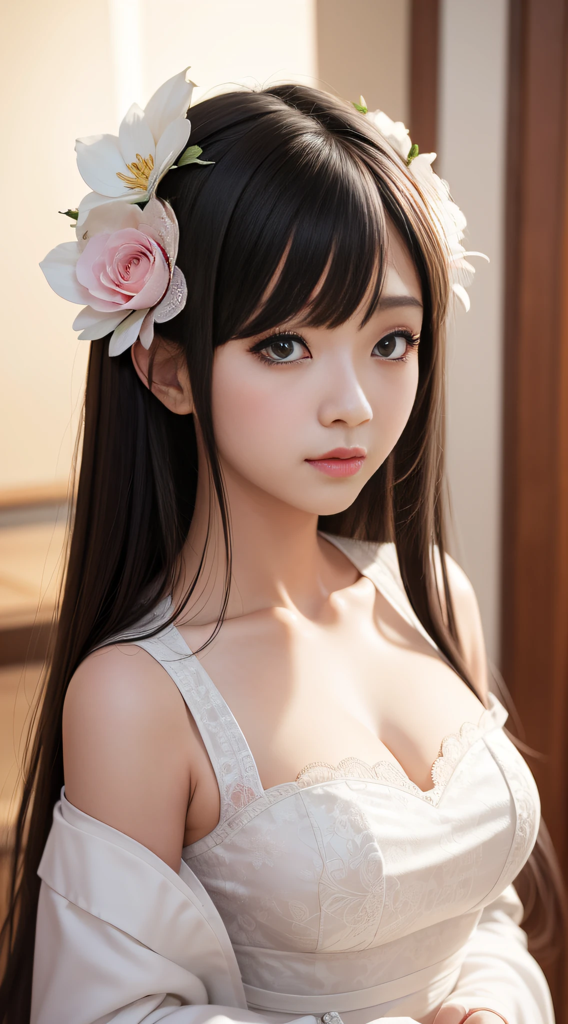 a close up of a drawing of a woman in a dress,Flowers in the hair, Japanese goddess, beautiful and seductive anime woman, seductive anime girls, asian hyperdetailed, attractive anime girls, Beautiful anime woman, Beautiful anime girl, Anime goddess, Chinese girl, Beautiful Asian girl, Asian girl, beautiful teenage girl, Anime girl cosplay, Anime girl in real life, a beautiful fantasy empress