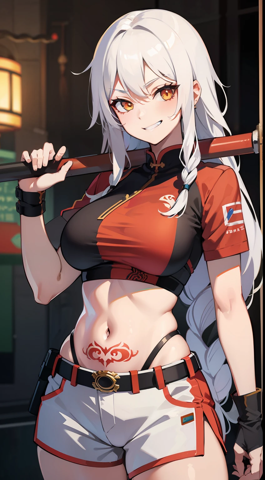 Adult woman, white hair in a long braid, golden eyes, sporty figure, Chinese turquoise top, Red Shorts, Tonfa, Tatoo, smirk, Masterpiece, hiquality