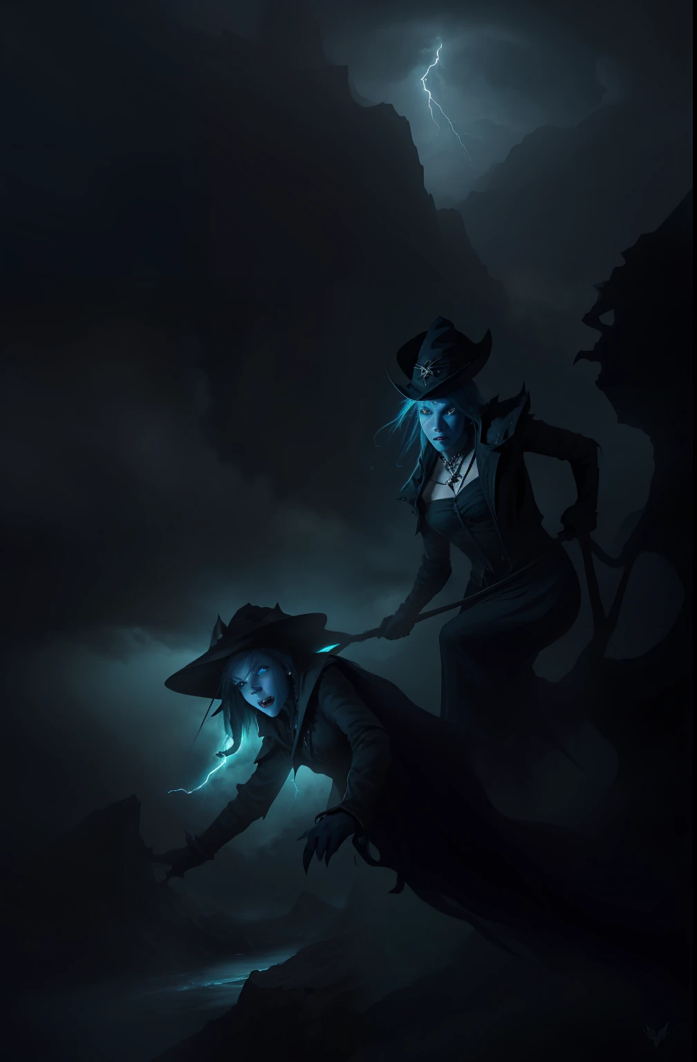 The blue-skinned witch leads a fierce monster with fangs bared,The witch's eyes glow green,Fierce expression,exquisite detailing,Wear a pointed hat,I'm terrified,Enter the steep alpine cliffs,mountain peaks,Steep,Many lightning bolts,fog atmosphere,Dark blue light,The character is visible in light,The background is dark and eerie,dead tree,There are floating clouds,The details are clear,tmasterpiece,