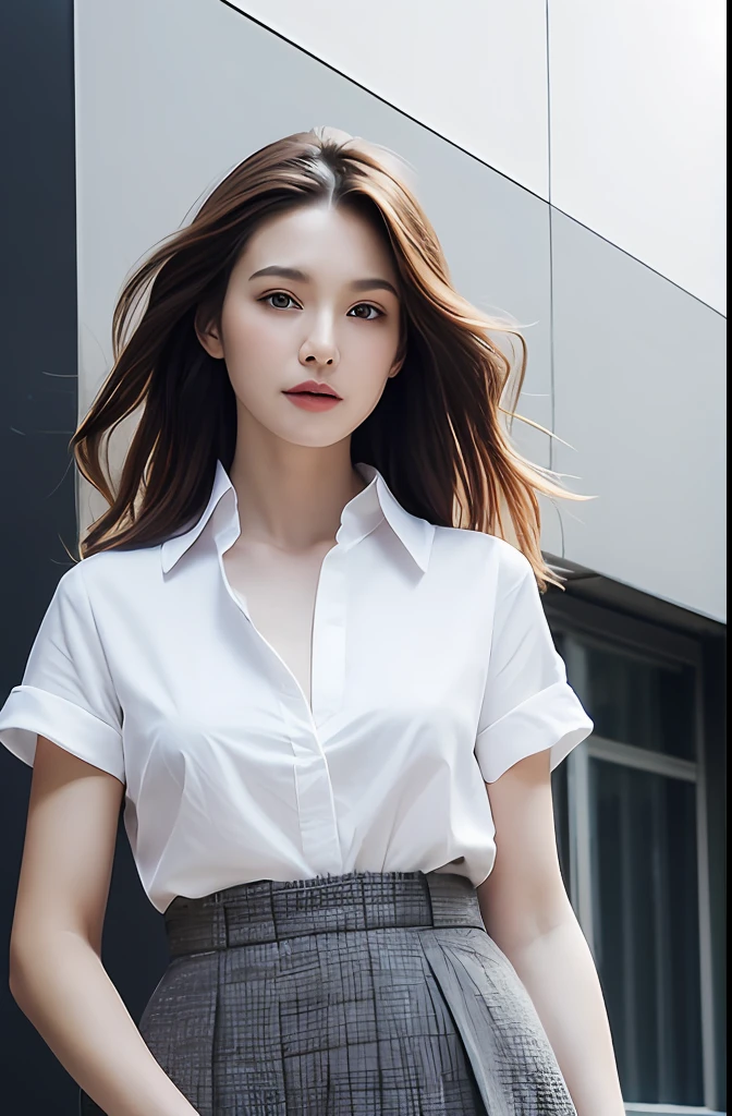 (Best quality, High resolution, Masterpiece :1.3), A tall and pretty woman, Slender abs, Dark brown hair styled in loose waves, Breasts, White button up shirt, Black pleated skirt, (Modern architecture in background), Details exquisitely rendered in the face and skin texture, Detailed eyes, Double eyelid