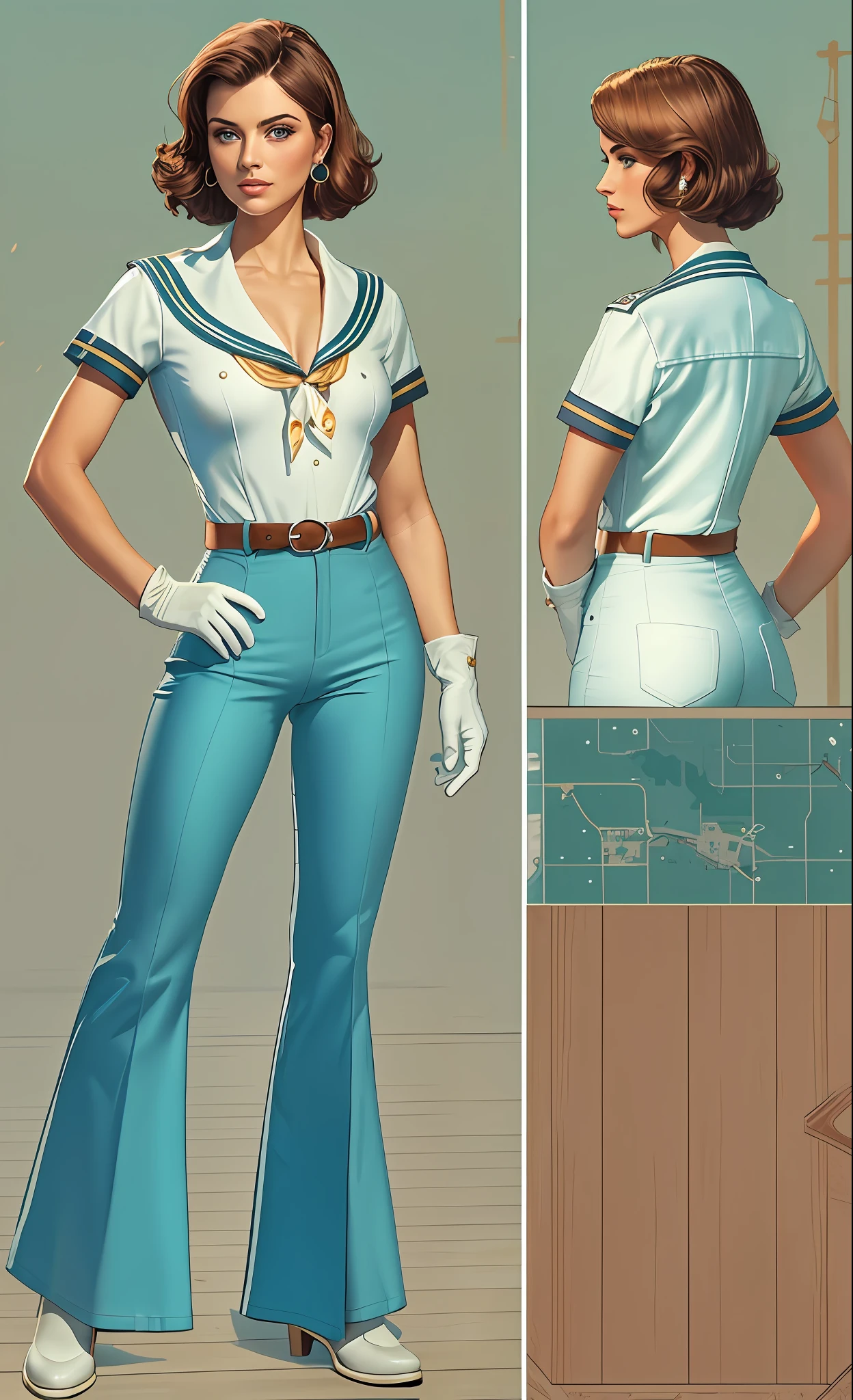 1970s, Woman in her 20s, (a perfect face), defined jawline, Beautiful lips, (Beautiful bright blue eyes), (short brown hair), (small chest), (short-sleeved sailor top), belted bell bottoms pants, (cap), (white gloves), Salute posture, looking a viewer, earrings, slim body, (full body), (Background of the Schiffsdeck), Photorealistic