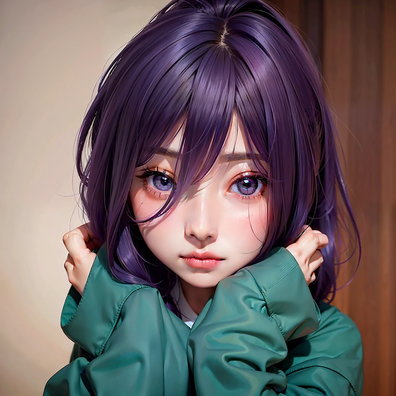 1girl, dark purple hair, magenta eyes, blush embarrassed cheeks, tosca hoodie, both hands crossed