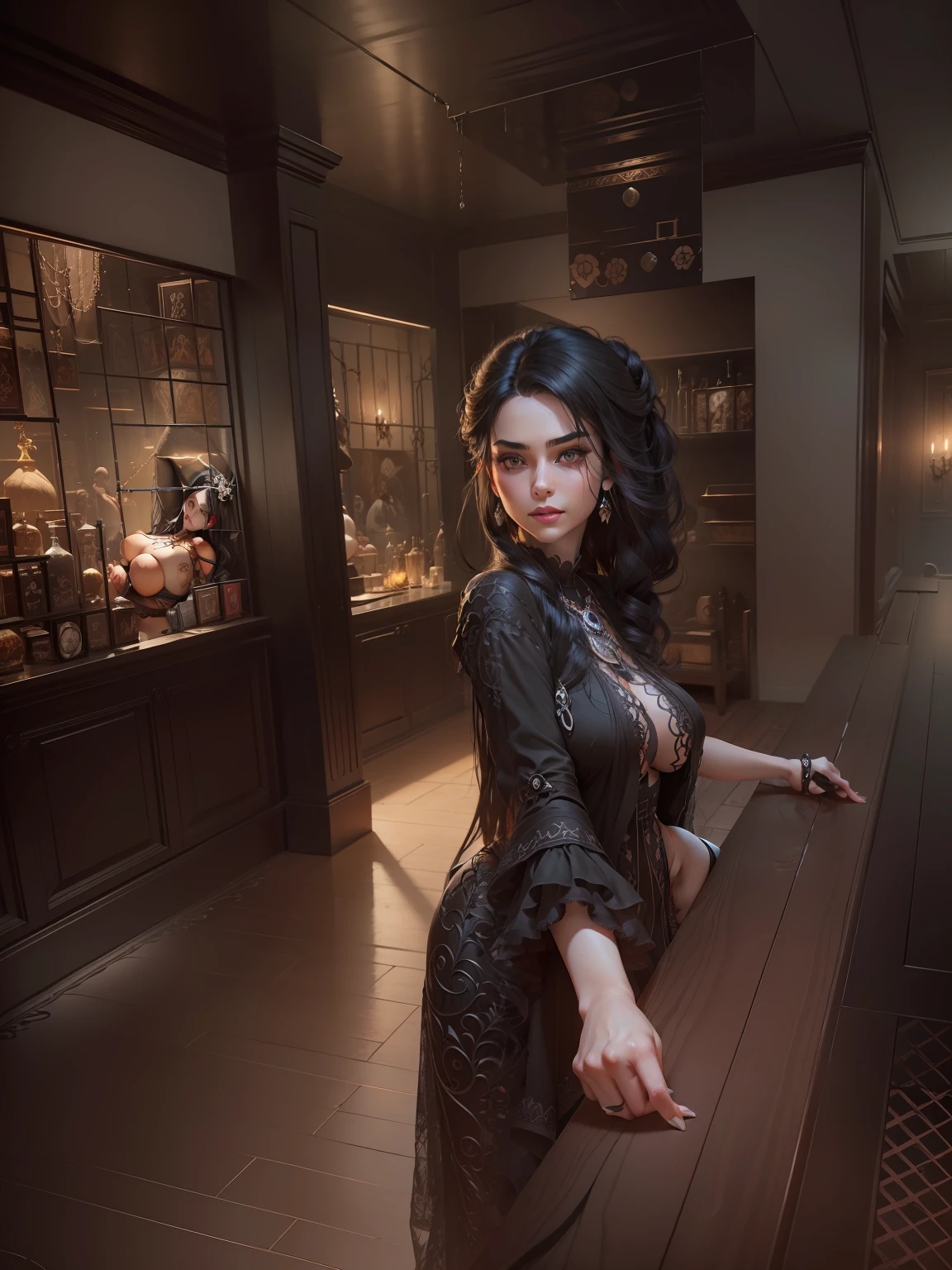 (((BLACK HAIR, [PERFECT REALISTIC EYES])))), ultra realistic 8k CG, perfect face, flawless, clean, masterpiece, professional artwork, famous art, cinematic lighting, cinematic flower, perfect face, beautiful face, beautiful eyes, (((perfect female body, narrow waist))), GOTHIC, real, SINISTER, BLACK HOOD, WIDE SMILE, (DARK SETTING), fantasy, MACABRO, unreal, science fiction, (huge breasts), BLACK clothes, lace, lace trim,  lacy legwear, nsfw, breasts out, absurdly long hair, very long hair, (rich: 1.4), SKULLS AROUND, HOLDING A SCYTHE, intricate detail, delicate pattern, sexy, charming, seductive, seductive, erotic, charming, hair ornament, necklace, earrings, bracelet, armband, looking at the viewer, HOLDING A SICKLE