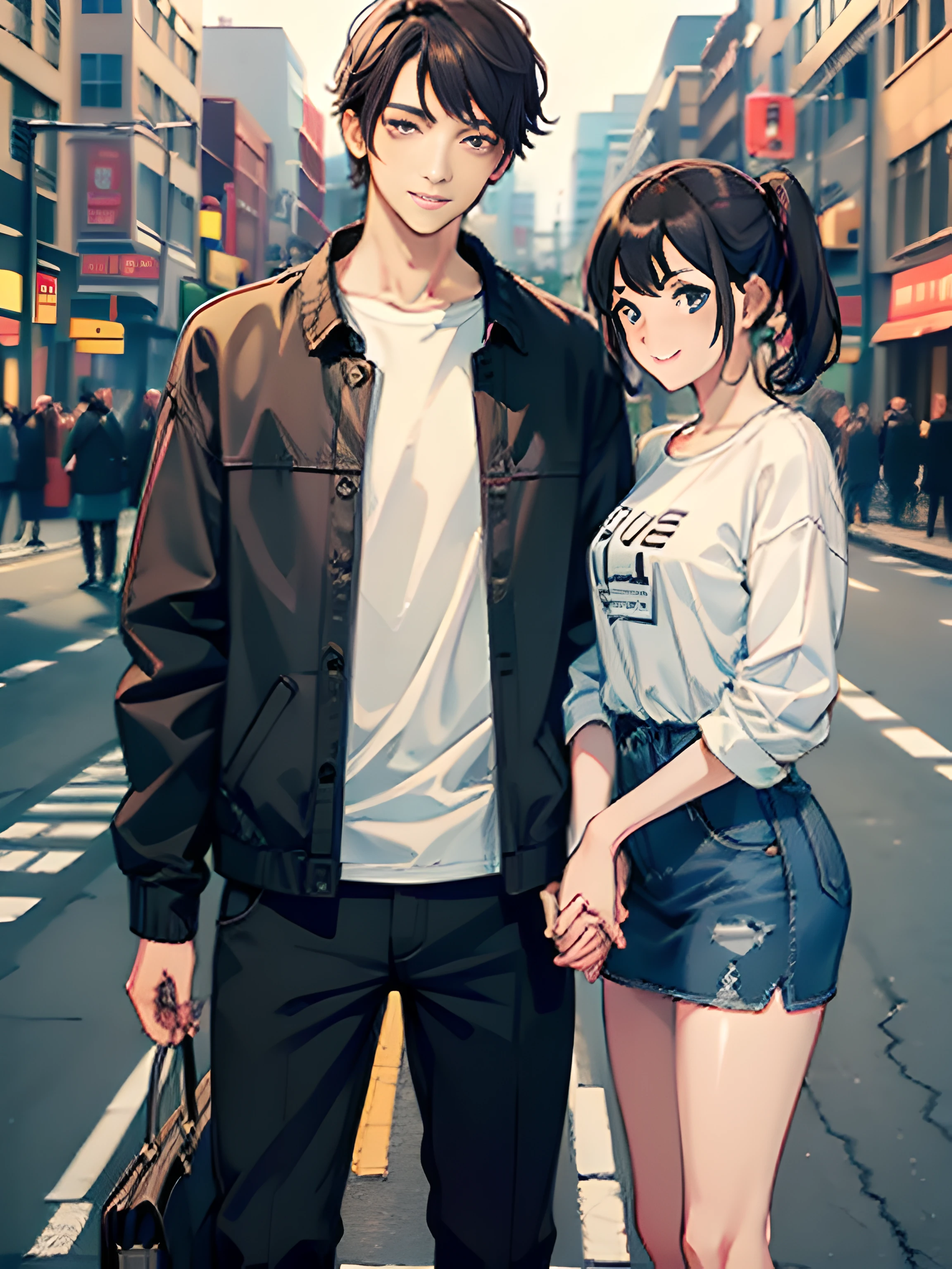 masterpiece, best quality, 2others, couple, 1man with 1woman, mature, adult, Height difference, different fashion, different color, finely detailed eyes and detailed face, intricate details, casual clothes, oversized shirt, modern urban street, holding hands, smile, happy, love