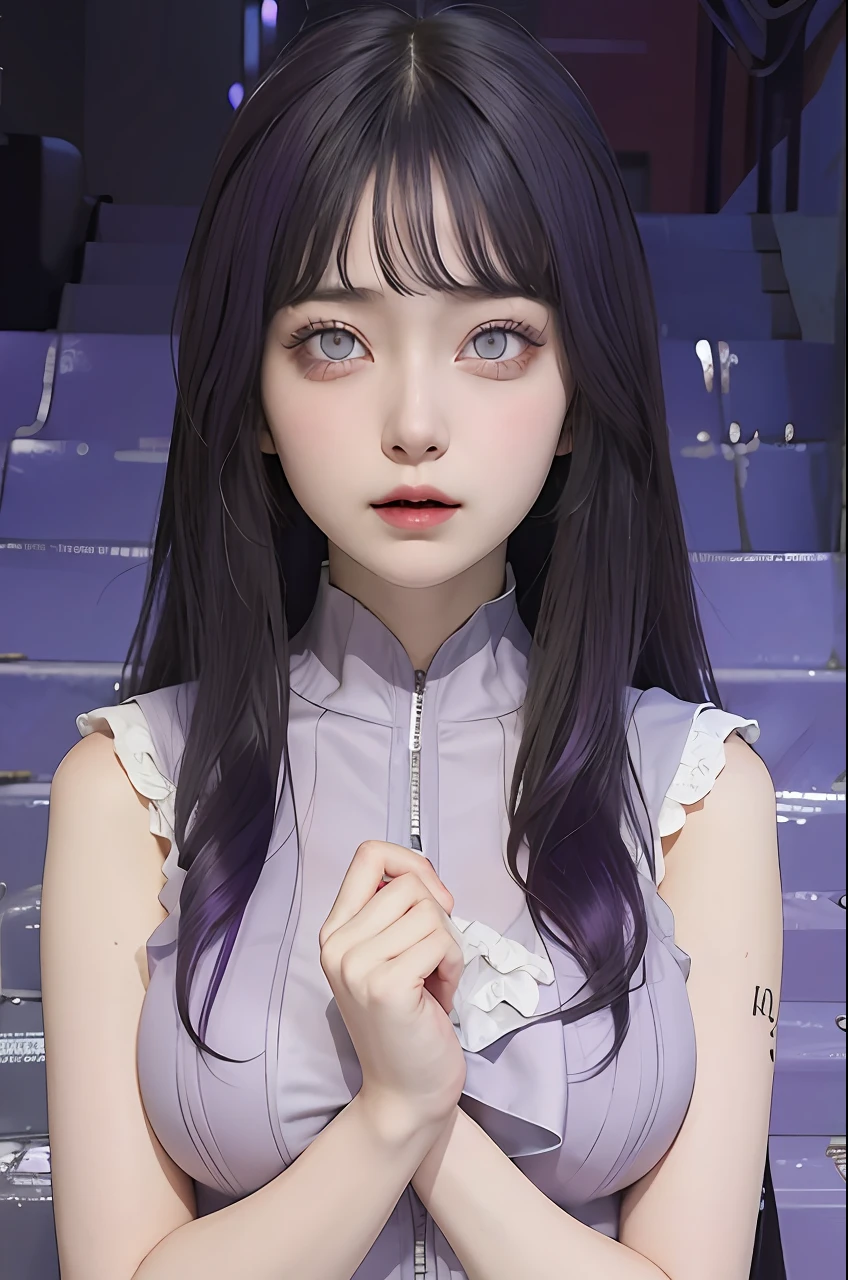 1girl, gyuga hinata, purple hair, white eyes, long hair, purple clothes, big breasts, realistic, ultra detail, indoor background