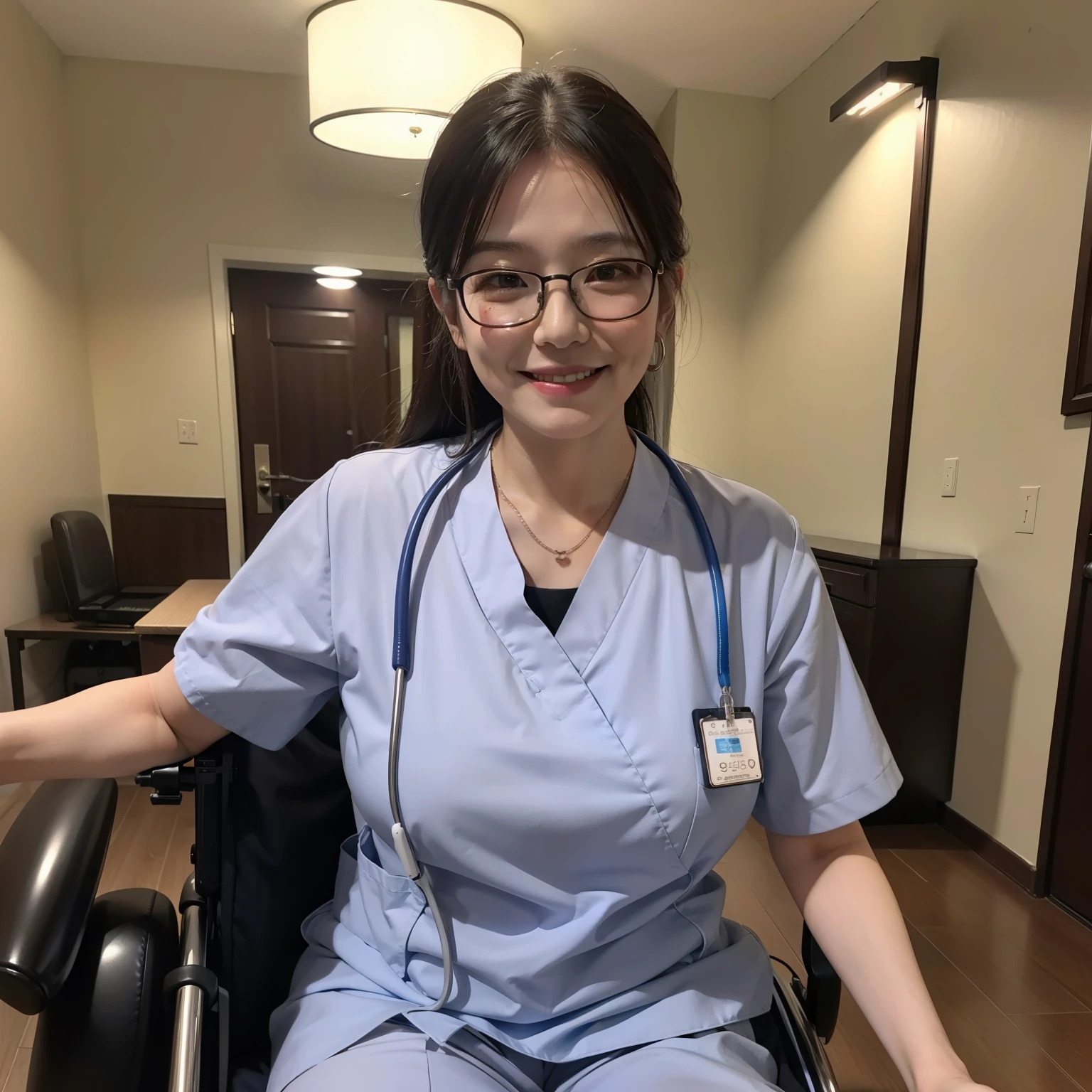 1womanl、Elderly care facility staff、Full body like、a smile、wears glasses、high-level image quality、​masterpiece、8K picture quality、The background is a nursing home、