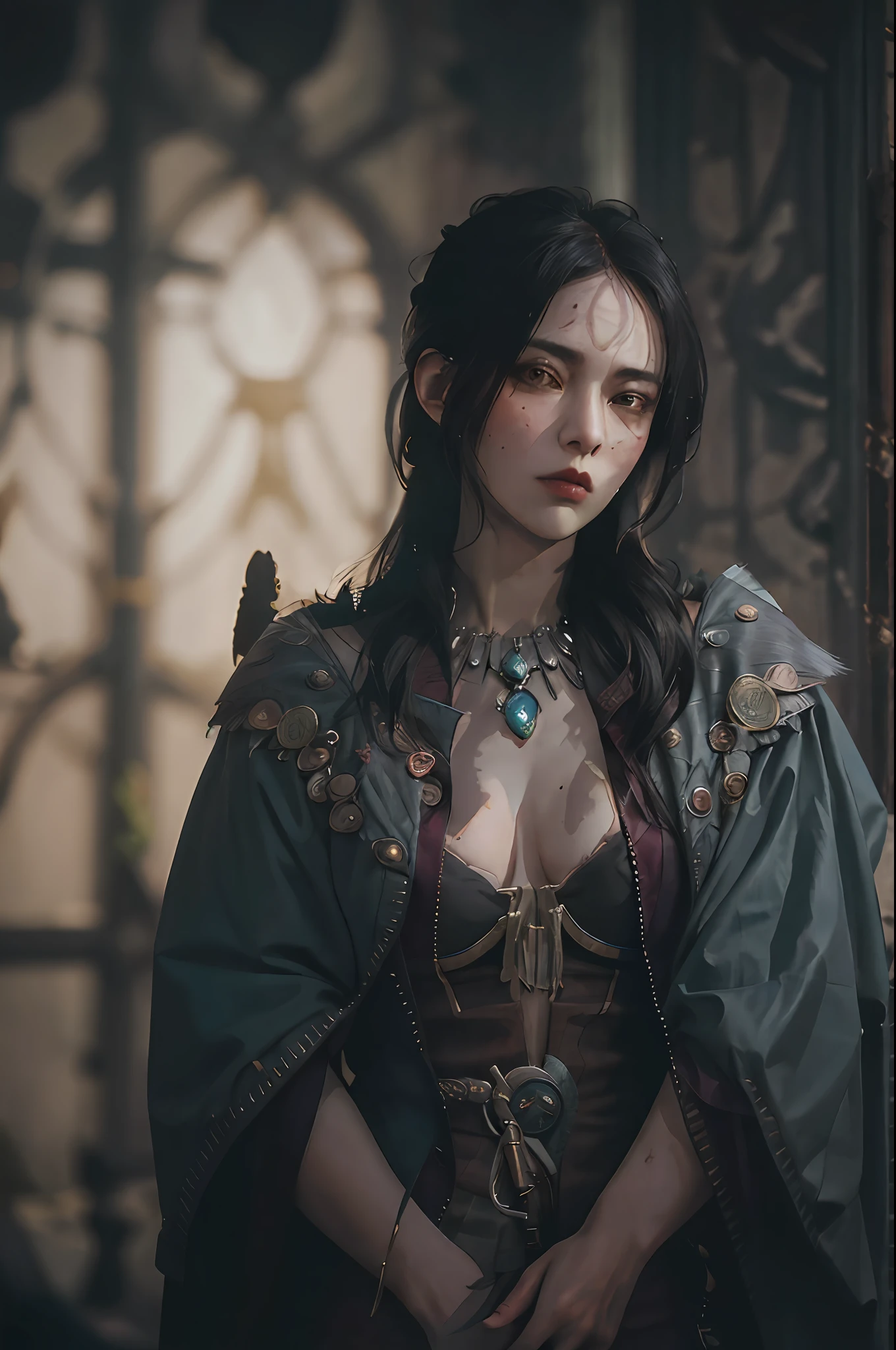 masterpiece, highest quality, RAW, analog style, A stunning portrait of a beautiful woman, morrigan, breast, wearing a mage robe, ((highly detailed skin, skin details)), sharp focus, 8k UHD, DSLR, high quality, film grain, Fujifilm XT3, polaroid, frowning, intricately details, highly detailed, cluttered and detailed background