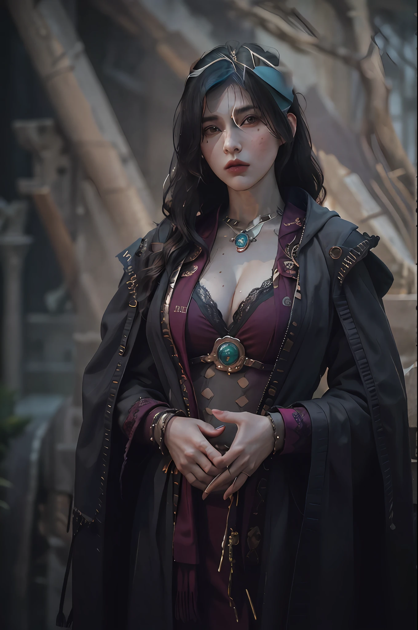 masterpiece, highest quality, RAW, analog style, A stunning portrait of a beautiful woman, morrigan, breast, wearing a mage robe, ((highly detailed skin, skin details)), sharp focus, 8k UHD, DSLR, high quality, film grain, Fujifilm XT3, polaroid, frowning, intricately details, highly detailed, cluttered and detailed background