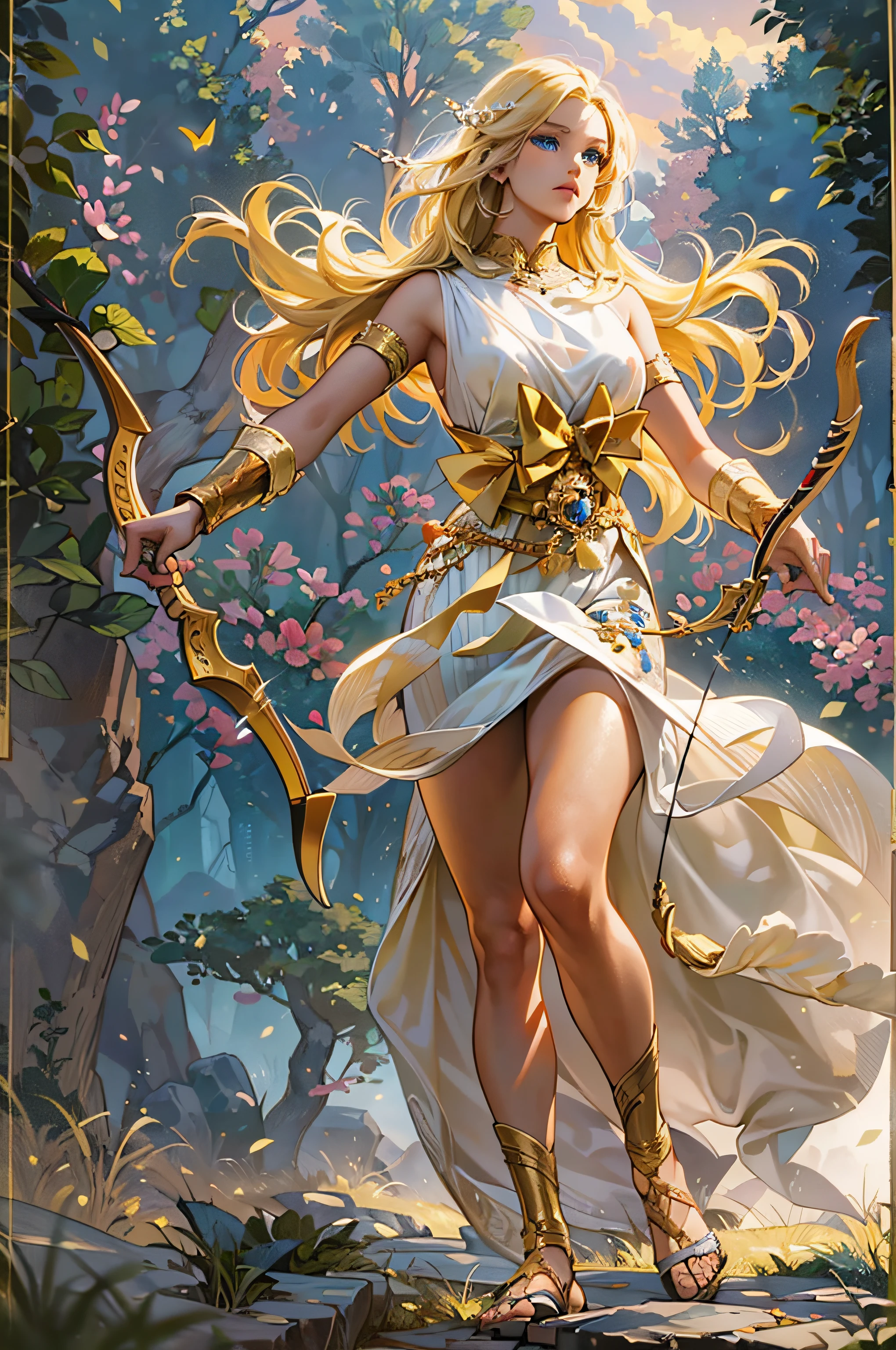 Young goddess of wild nature and virginity and hunting, With (((blonde hair))) and (((blue eyes))), Is stunningly beautiful, Is fair-skinned, Is slender and tall, Shows off her pair of perfect long legs, Wears {a sleeveless, (very short: 1.7), (white:1.5), greek chiton, with golden borders}, Abs, "looks stern and determined", Is holding ((a golden bow)), Is running and chasing her prey, Archery, Mythical Arcadian mountains and forests, Greek mythology, vibrant and lively atmosphere, digital art, hyperrealism, super high quality, super detail, ultra accurate description of hands, masterpiece, 8k, HDR
