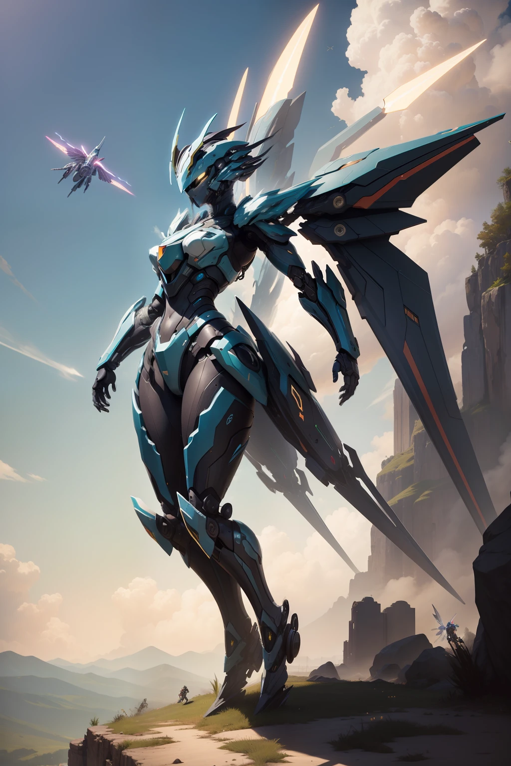 masterpiece、hight resolution、Fantastic、Dunbine、Servin、Dynamic mechanical life forms、huge robot、spread wings on the back,、Take off high、Beautiful figure、