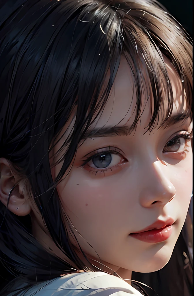 (Ultra Realistic), (Illustration), (Increased Resolution), (8K), (Extremely Detailed), (Best Illustration), (Beautiful and Detailed Eyes), (Best Quality), (Ultra Detailed), (Masterpiece ), ( wallpaper), (detailed face), solo, 1 girl, looking at viewer, fine details, detailed face, in the dark, deep shadows, low key, pureerosfaceace_v1, smiling, long hair, black shawl straight hair , 46 points oblique bangs