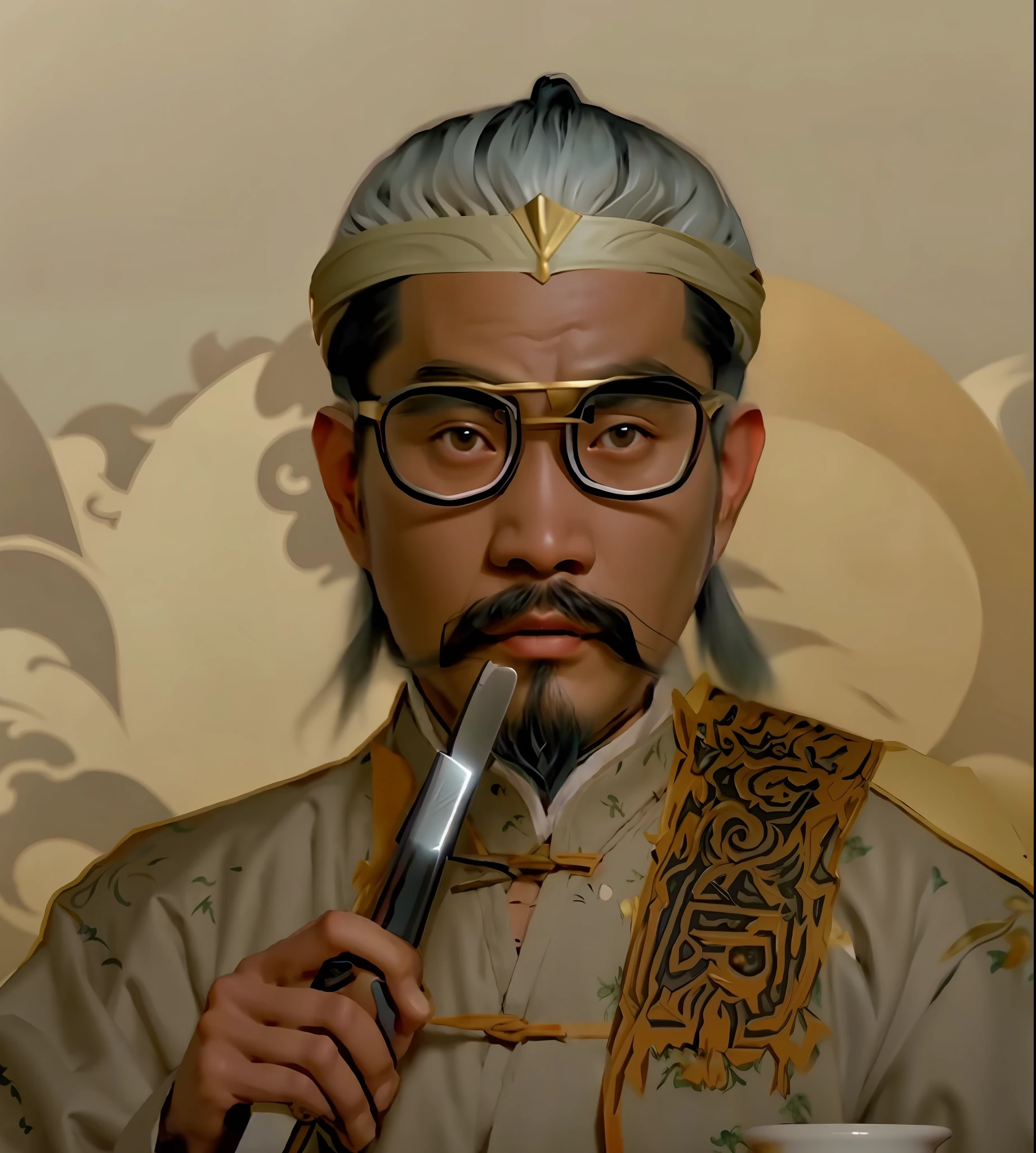 Draw a man with a beard and mustache holding a pencil, chinese artist, Ancient sword, inspired by Xie Huan, artist unknown, inspired by Chen Daofu, inspired by Hu Zao, Inspired by Cao Zhibai, Inspired by Liu Jue, inspired by Cao Buxing, inspired by Wu Bin, bo xun ling, hua cheng