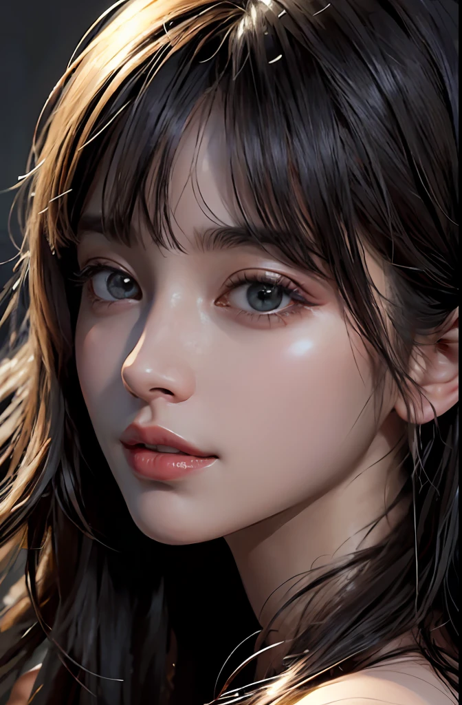 (Ultra Realistic), (Illustration), (Increased Resolution), (8K), (Extremely Detailed), (Best Illustration), (Beautiful and Detailed Eyes), (Best Quality), (Ultra Detailed), (Masterpiece ), ( wallpaper), (detailed face), solo, 1 girl, looking at viewer, fine details, detailed face, in the dark, deep shadows, low key, pureerosfaceace_v1, smiling, long hair, black shawl straight hair , 46 points oblique bangs