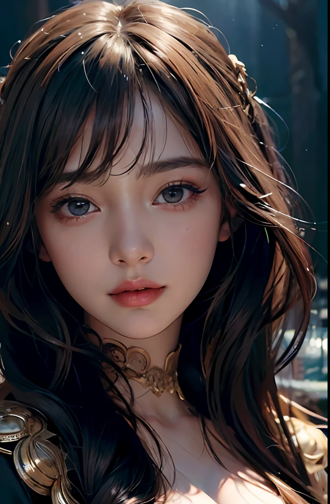 (Ultra Realistic), (Illustration), (Increased Resolution), (8K), (Extremely Detailed), (Best Illustration), (Beautiful and Detailed Eyes), (Best Quality), (Ultra Detailed), (Masterpiece ), ( wallpaper), (detailed face), solo, 1 girl, looking at viewer, fine details, detailed face, in the dark, deep shadows, low key, pureerosfaceace_v1, smiling, long hair, black shawl straight hair , 46 points oblique bangs