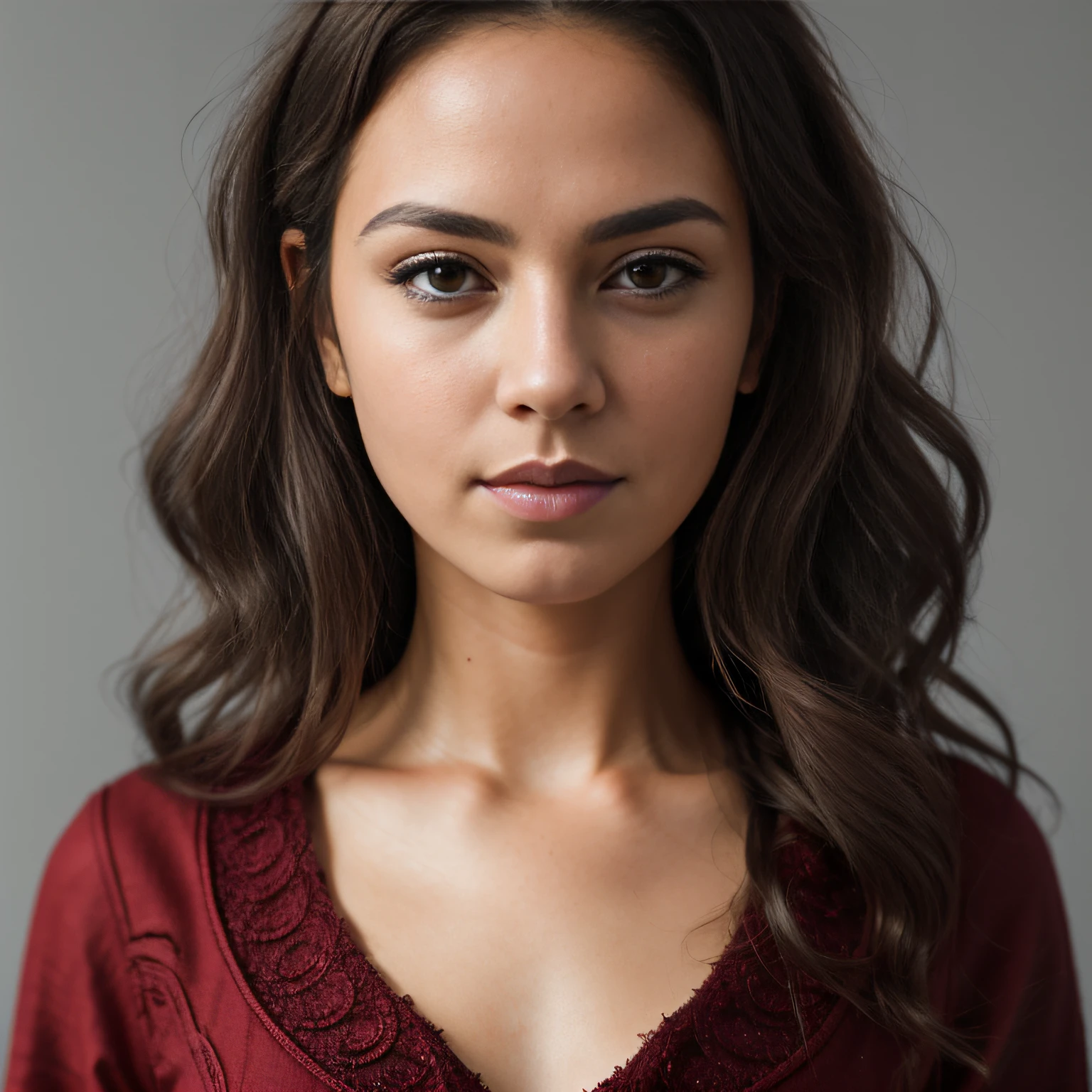 (masterpiece, best quality, beautiful RAW portrait photography:1.4), 25yo brown-haired woman, looking into camera, (closed lips:1.6), stunning beautiful face, insanely pretty, (natural detailed skin:1.1), (long wavy hair:1.4), [:(detailed face:1.2):0.2], collarbone, (dark red clothing:1.5), bare shoulders, slender, small breasts, (gray infinity background:1.3), (flat background:1.5), (sharp focus:1.6), (deep depth of field:1.4), soft lighting, 85mm f8, highly detailed, hyper realistic, natural, 8k