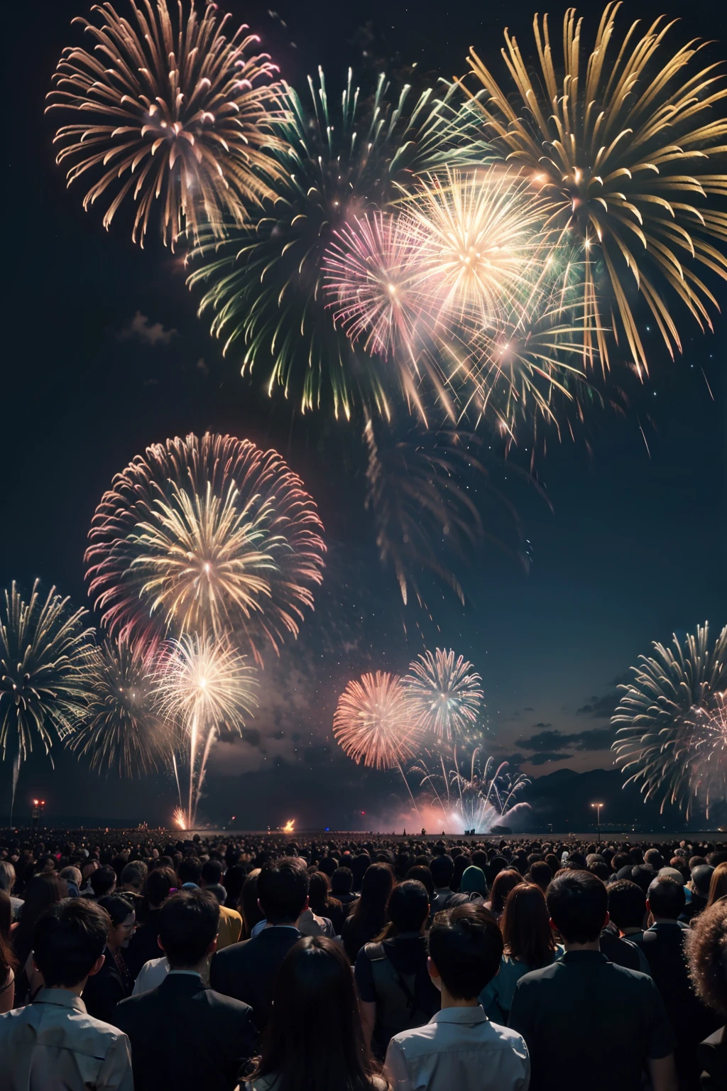 Capture a vibrant scene of a crowd of people watching fireworks explode in a beautiful night sky. The fireworks are a burst of colors, illuminating the faces of the onlookers with their bright light. The crowd is a mix of silhouettes and softly lit faces, their expressions filled with awe and joy. The surrounding landscape is dimly lit, adding to the atmosphere of the scene. This image is rendered in a hyper-realistic style, with high-resolution 16K detail. The lighting is dynamic, with the bright, colorful fireworks contrasting against the dark night sky. The colors feature the various hues of the fireworks and the deep blue of the night sky. The shot is taken with a wide-angle lens, with a composition that captures the crowd in the foreground and the fireworks spectacle in the sky. --ar 16:9 --v 5.1 --style raw --q 2 --s 750