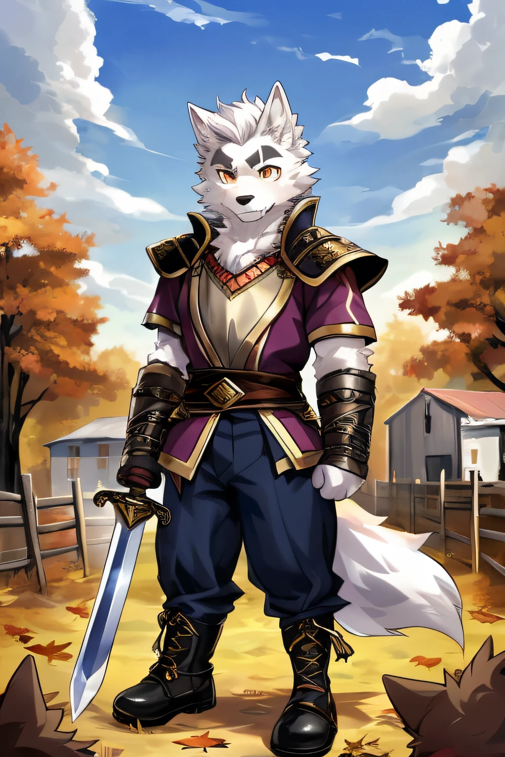 Galahad,Wolf boy, tmasterpiece,best qualityer,Ridiculous res,Kiyosan,Empty ghost, hairy pubic, male people, 独奏, Purple armor, trouser, blackpupil, Golden eyes, Thick eyebrows, two tone fur,The saber is a red-handled sword,Gray hair looked at the audience,Detailed fur,fluffly,coda, detailedbackground,In the farmland,autumnal,White hair,No broken eyebrows