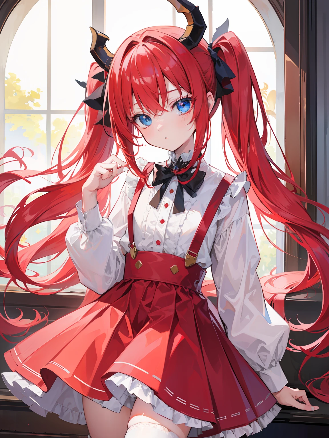 {{best quality}}, {{masterpiece}}, {{ultra-detailed}}, {illustration}, {detailed light}, red hair,blue eyes,twintails,lolita,Suspenders skirt,Fantastic,loli,solo,Dragon horns, girl,long hair