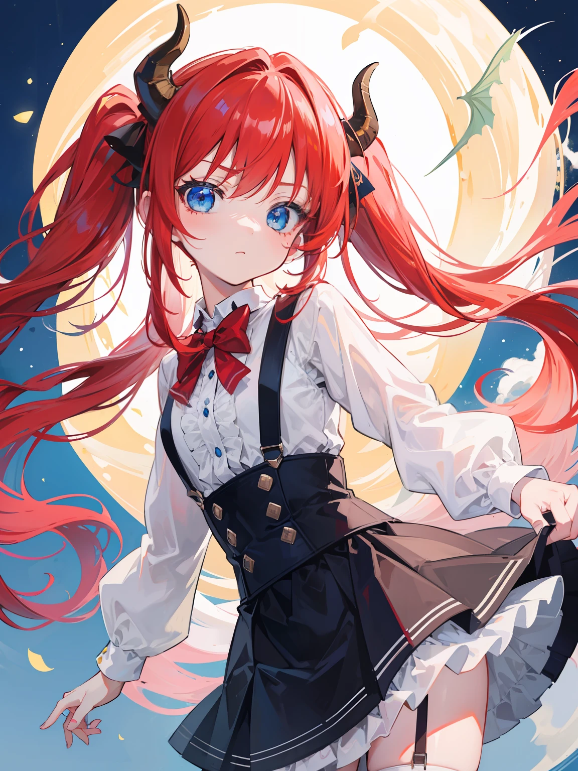 {{best quality}}, {{masterpiece}}, {{ultra-detailed}}, {illustration}, {detailed light}, red hair,blue eyes,twintails,lolita,Suspenders skirt,Fantastic,loli,solo,Dragon horns,little girl,long hair