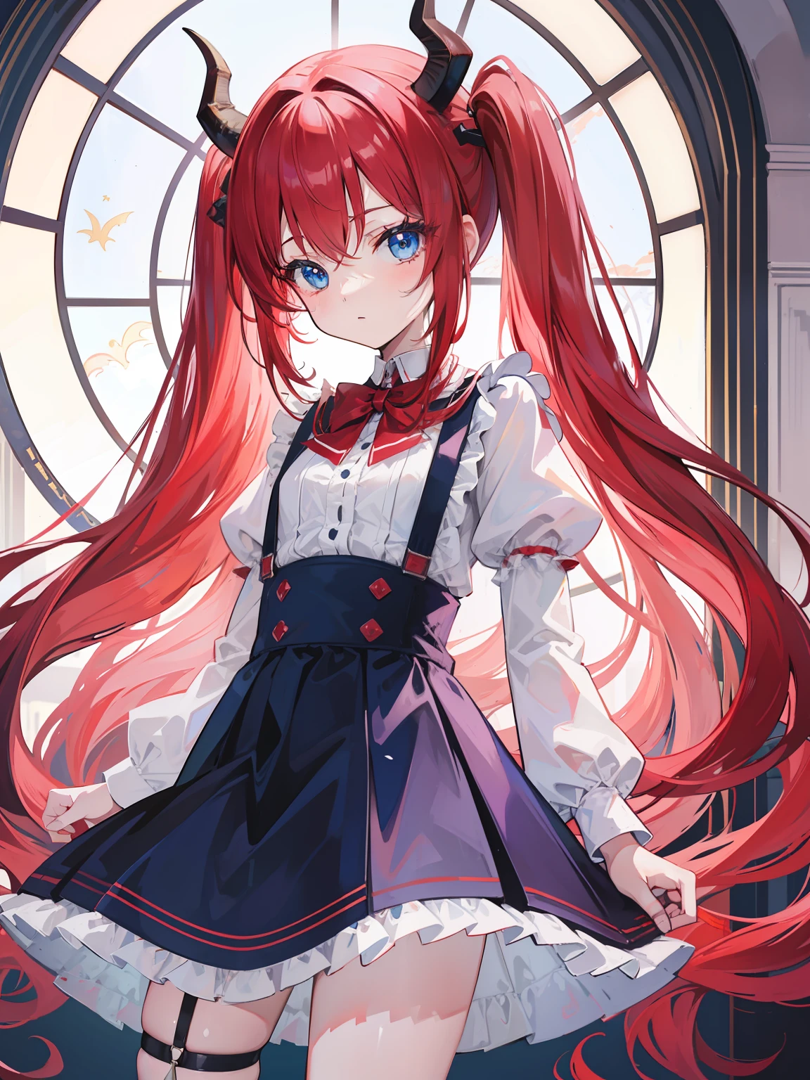 {{best quality}}, {{masterpiece}}, {{ultra-detailed}}, {illustration}, {detailed light}, red hair,blue eyes,twintails,lolita,Suspenders skirt,Fantastic,loli,solo,Dragon horns,little girl,long hair