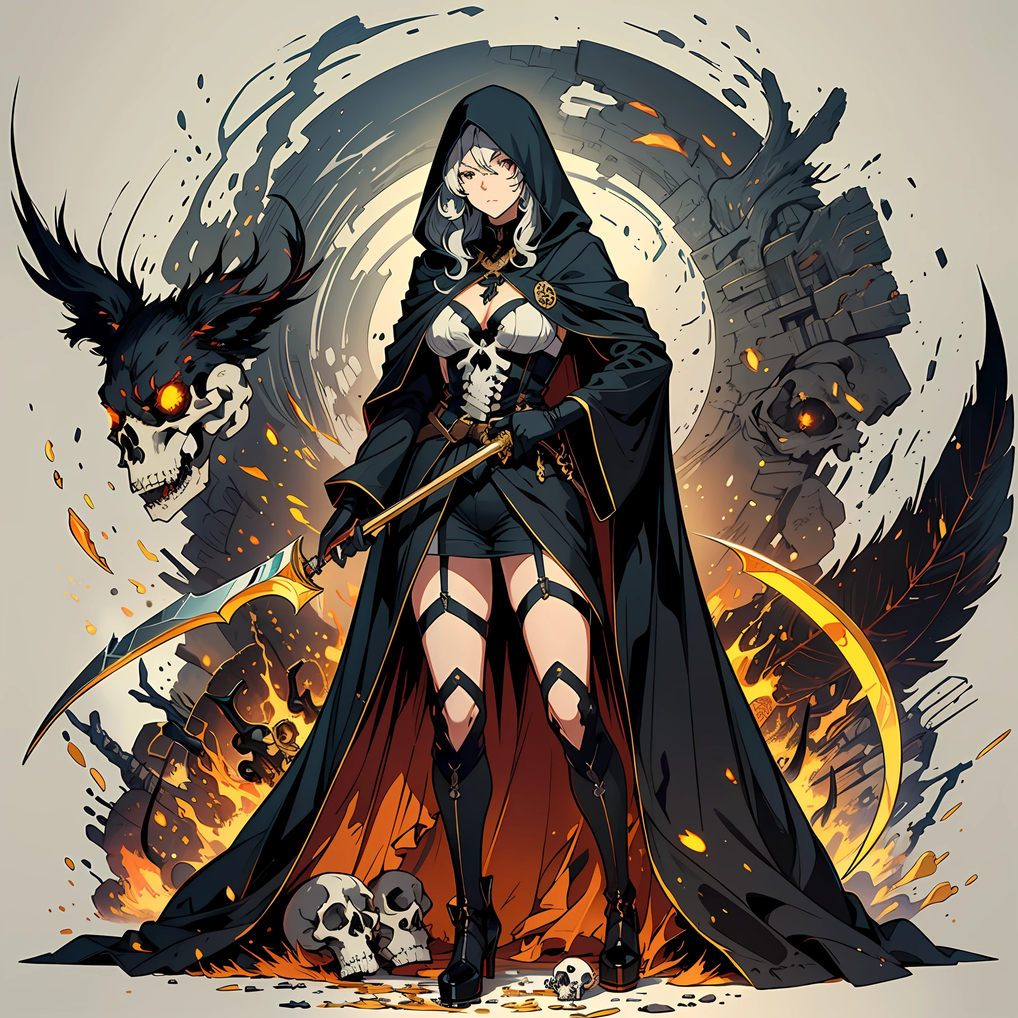 ((Solo, Adult woman)), holding a scythe, Black flowing robe, Hooded robe, Animal skulls and bones, Gold and silver, Pastel color scheme
