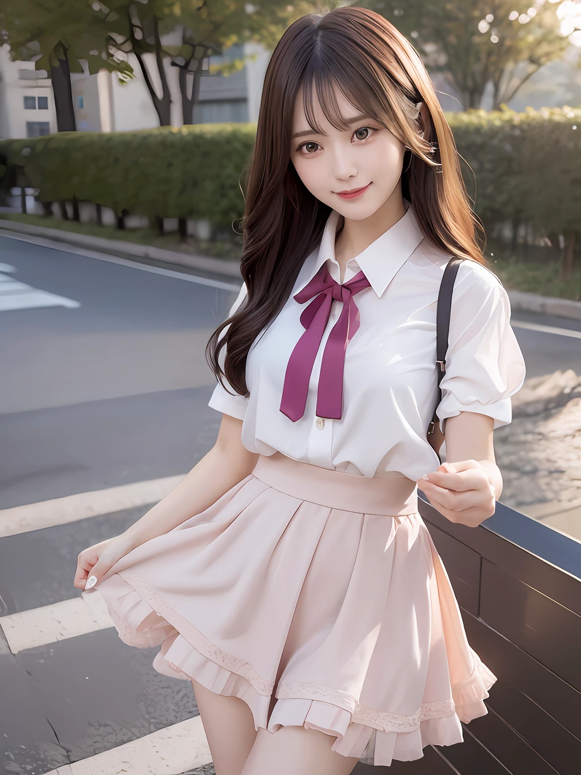 tmasterpiece，top-quality，offcial art，Highly detailed CG Unity 8K wallpapers，Like schoolgirls，very delicate beautiful，超高分辨率，（realisticlying：1.4），Golden hour lighting，（The upper part of the body），（Platinum shorthair：0.8），（puffy eye），looking at viewert，facingfront，ssmile，JK skirt，pinkdress，Shirt boosts long black hair