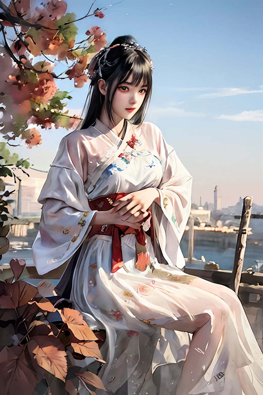 stechu,(white background:1.4), ((tachi-e)), original,(illustration:1.1),(best quality),(masterpiece:1.1),(extremely detailed CG unity 8k wallpaper:1.1), (colorful:0.9),(panorama shot:1.4),(solo:1.2), (ink splashing),(color splashing),((watercolor)), clear sharp focus,{ 1girl standing },((korean style )),flower background,outdoors,rocks, looking at viewer, make happy expressions,soft smile,pure,beautyfull detailed face and eyes,beautyfull intricacy clothing decorative pattern details, black hair,black eyes,colorwater