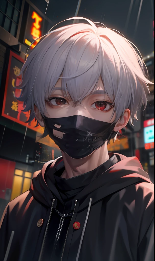 kk, Best quality, More details, Mastery, 1boy, kaneki ken, Portrait, Male focus, Red eyes, Solo, bangs, view the viewer, Hood, Short hair, rain, tokyo tokyo \(City\), hijabi sluty，Nail polishing，whaite hair，luxury goods，8K，the detail，Ray traching，depth of fields，电影灯光，