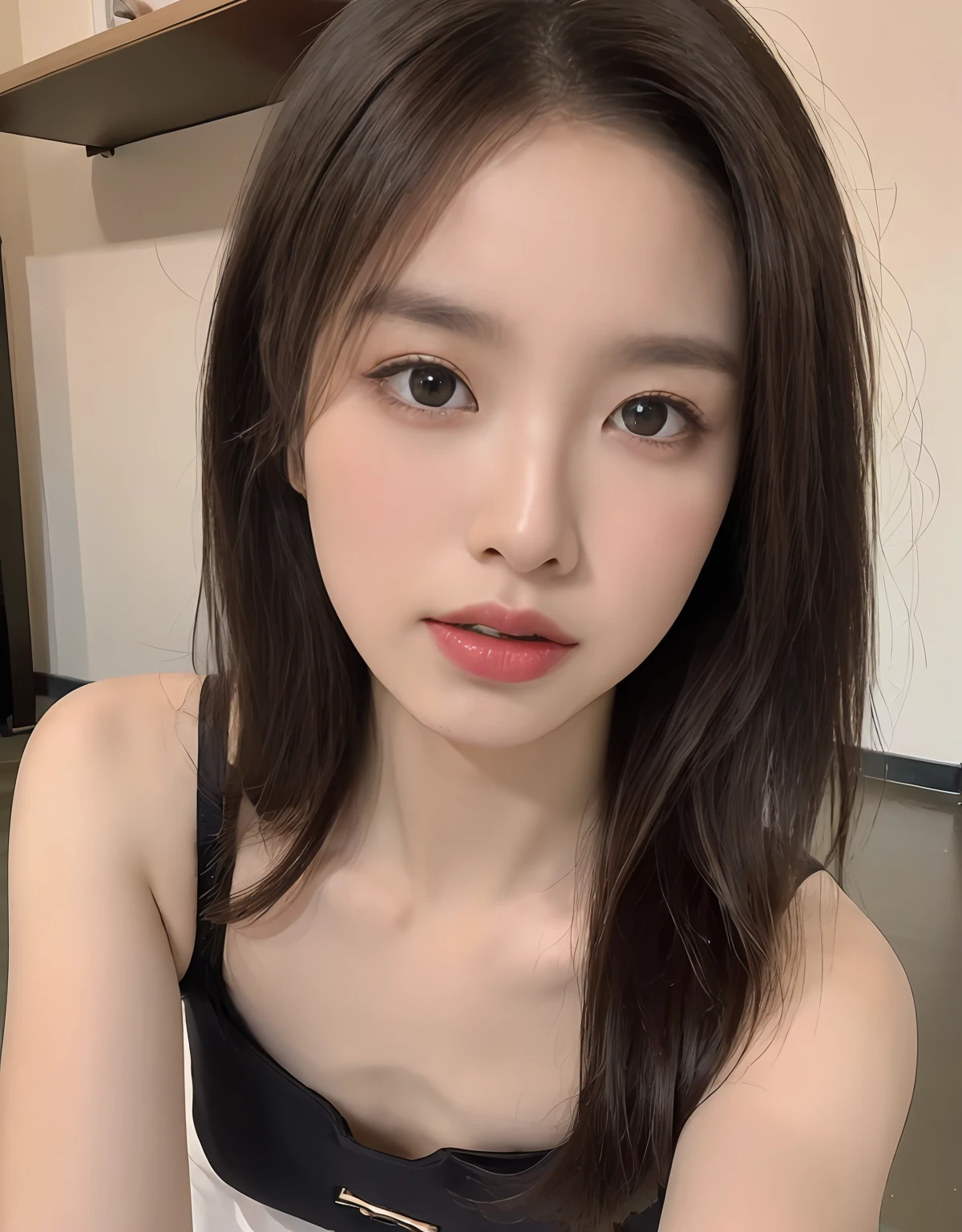 ((top quality, 8k, masterpiece: 1.3)), beauty, 1 girl, beautiful: 1.3, slender abs: 1.1, dark brown hair, (kneeling on the floor, legs open: 1.2), ultra detailed face, highly detailed lips, detailed eyes, double eyelids